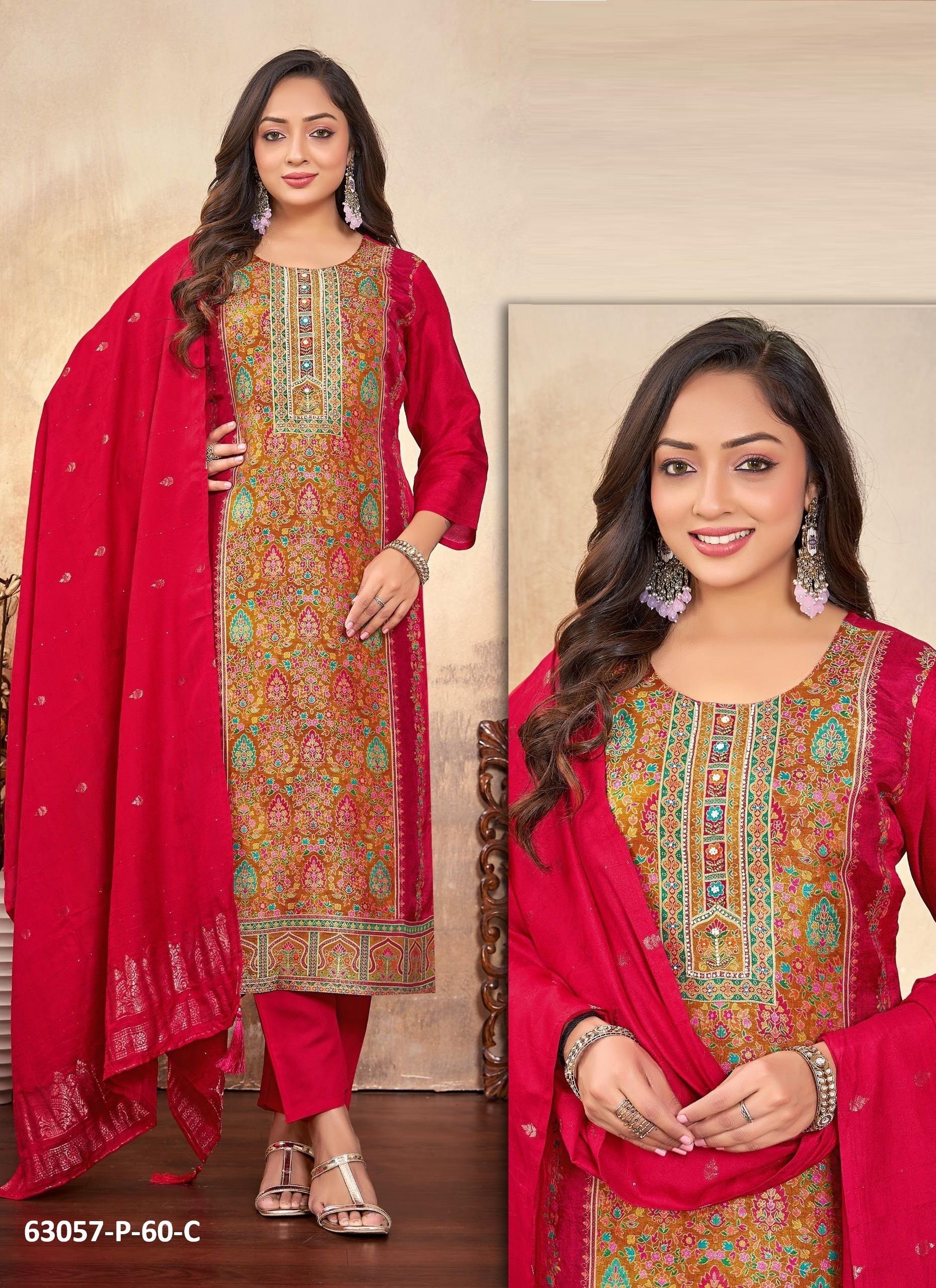 DOLA SILK JACQUARD P60 - Catalog # 63057 (Set of 4 SIZE-SETS [Readymade Salwar Suits]) by Amdavadi Fashion