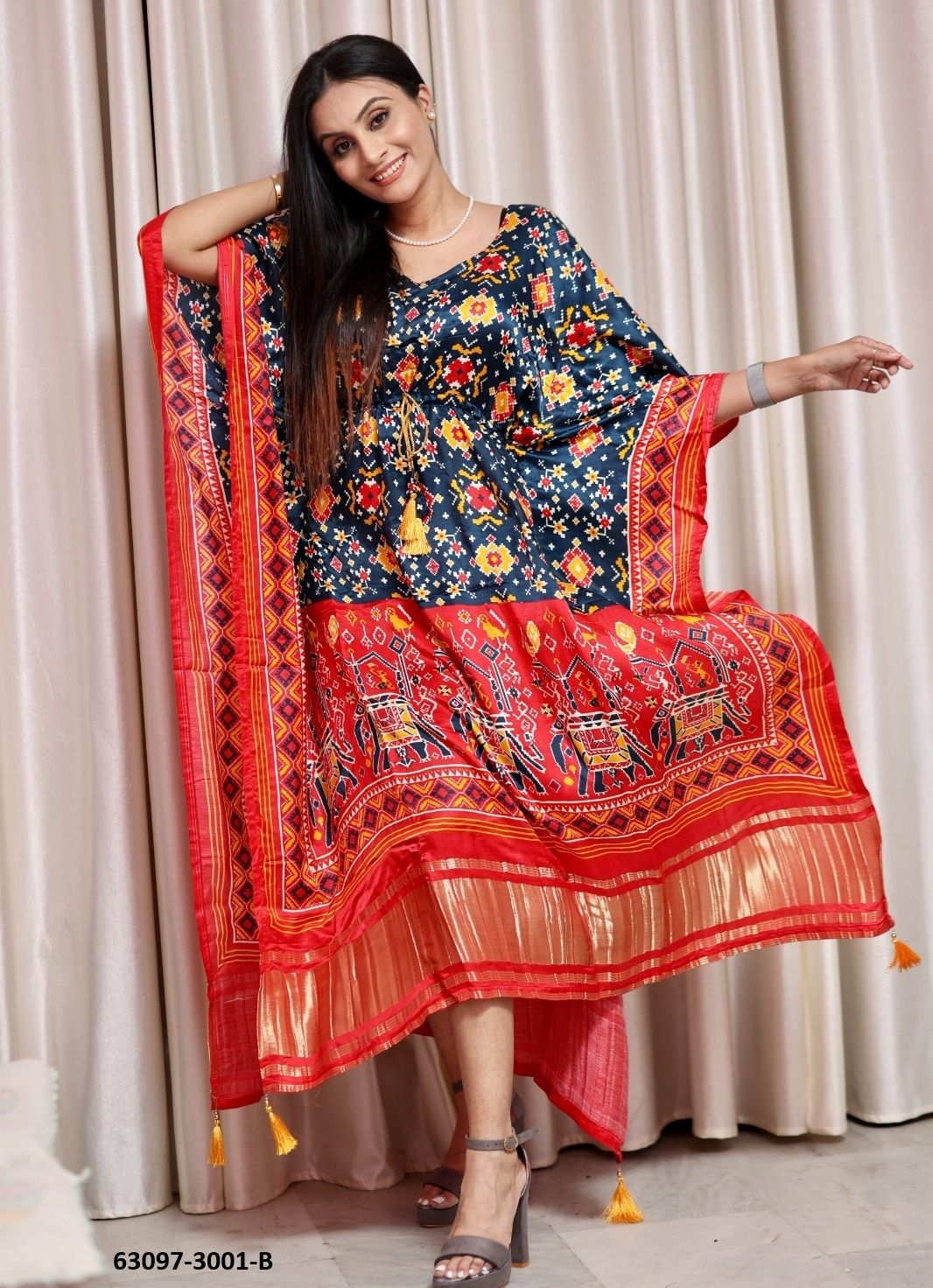 PURE GAJJI SILK BANDHANI PATOLA - Catalog # 63097 (Set of 11 Kaftans / Ponchos) by Raw Lemon