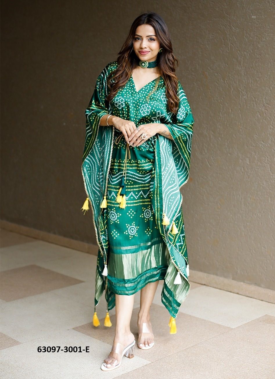 PURE GAJJI SILK BANDHANI PATOLA - Catalog # 63097 (Set of 11 Kaftans / Ponchos) by Raw Lemon