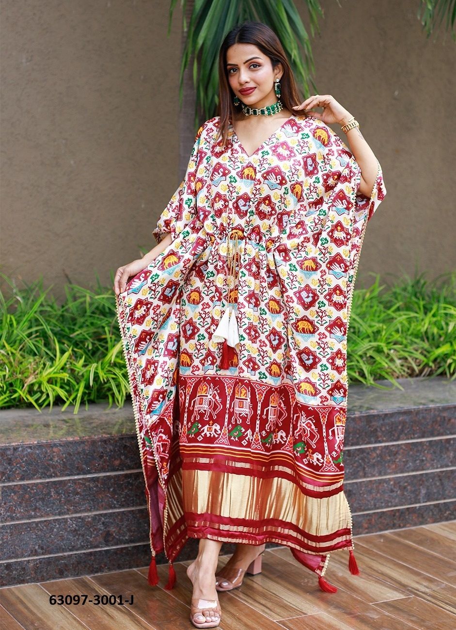 PURE GAJJI SILK BANDHANI PATOLA - Catalog # 63097 (Set of 11 Kaftans / Ponchos) by Raw Lemon