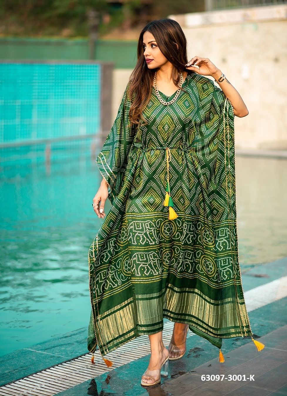PURE GAJJI SILK BANDHANI PATOLA - Catalog # 63097 (Set of 11 Kaftans / Ponchos) by Raw Lemon