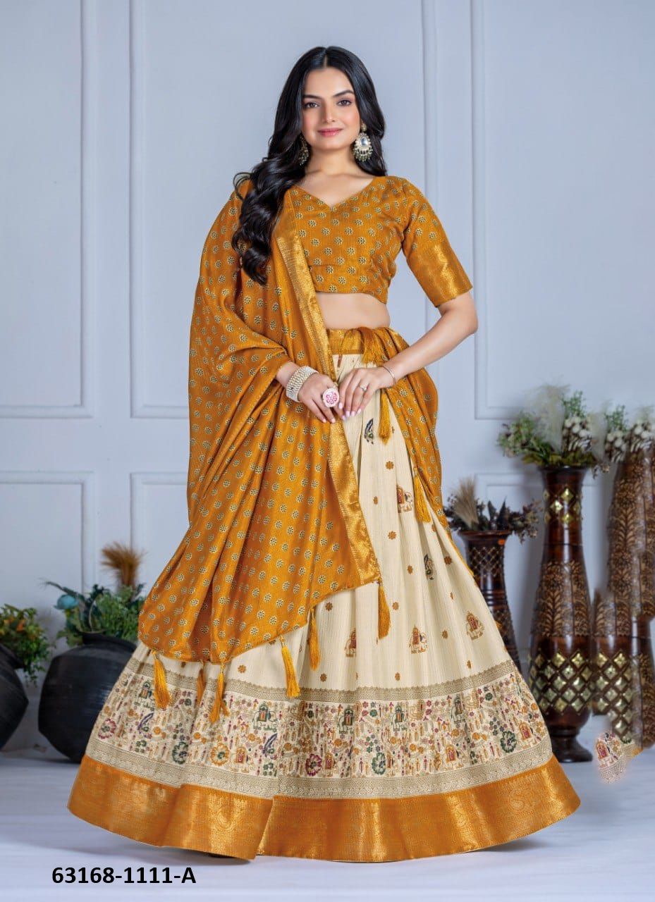 LICHI SILK 1111 - Catalog # 63168 (Set of 5 Semi-Stitched Lehengas) by Komal Pret LICHI SILK 1111 - Catalog # 63168 (Set of 5 Semi-Stitched Lehengas) by Komal Pret