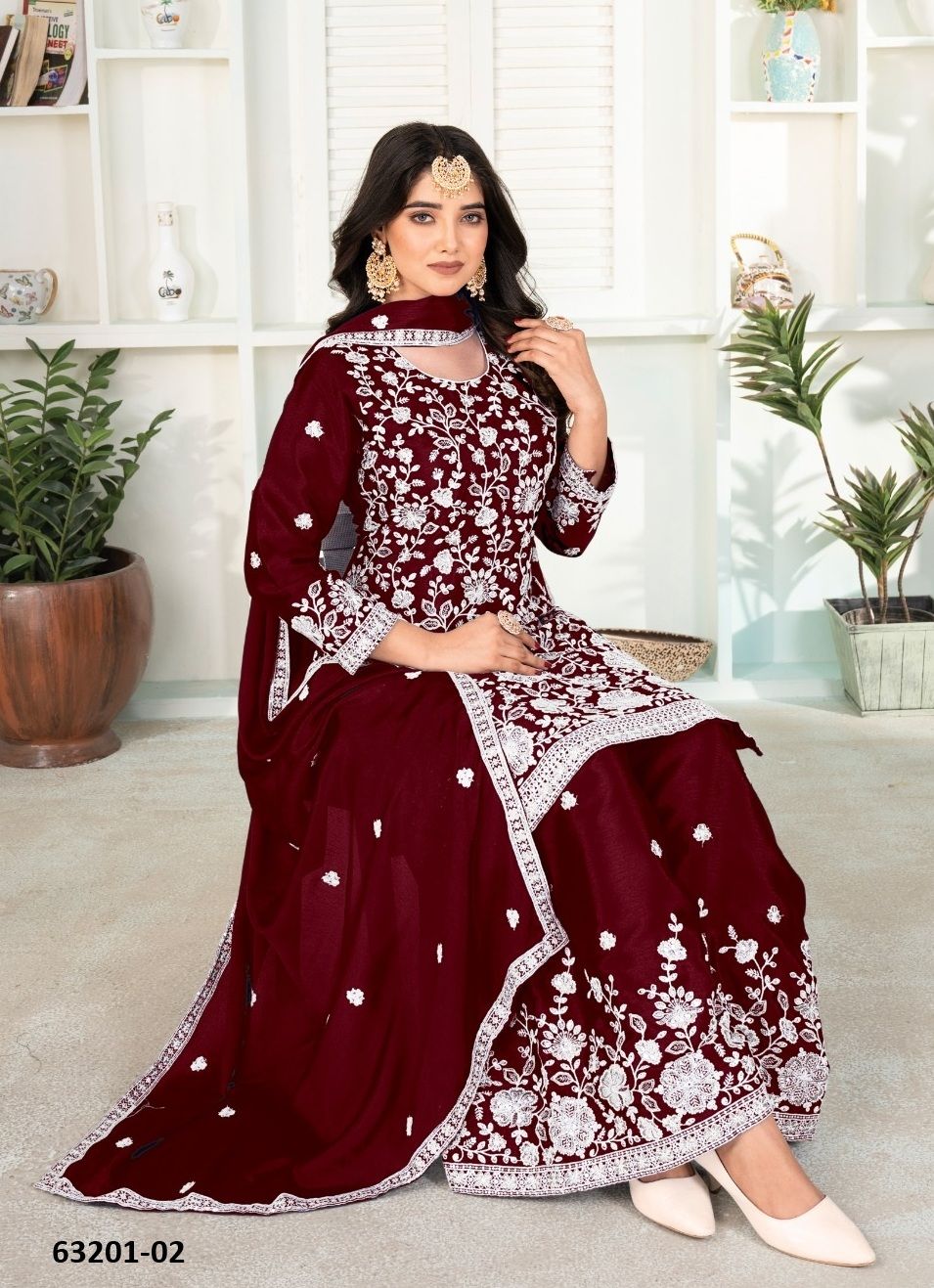 PALAZZO THREAD WORK - Catalog # 63201 (Set of 4 Readymade Salwar Suits) by Amdavadi Fashion