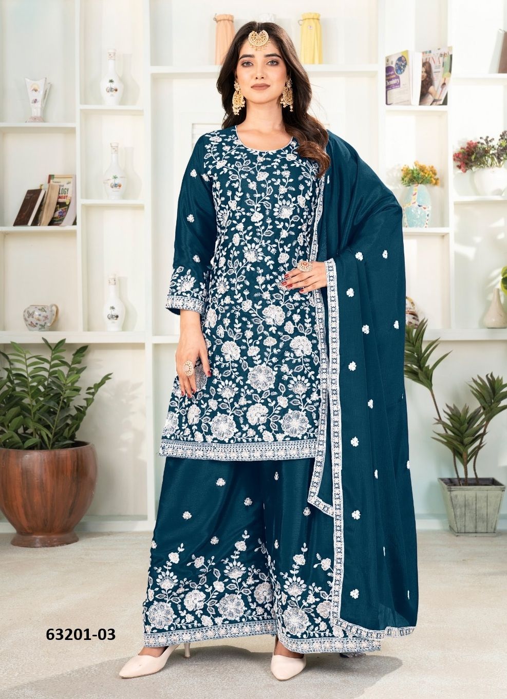 PALAZZO THREAD WORK - Catalog # 63201 (Set of 4 Readymade Salwar Suits) by Amdavadi Fashion