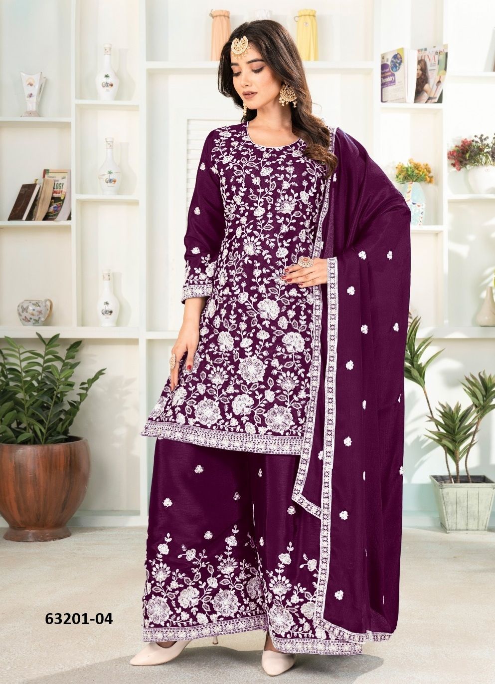 PALAZZO THREAD WORK - Catalog # 63201 (Set of 4 Readymade Salwar Suits) by Amdavadi Fashion