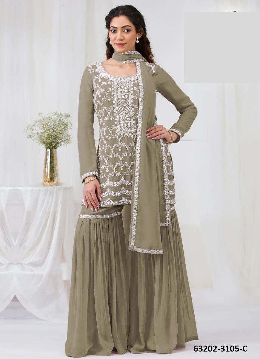 GHARARA THREAD & SEQUINS - Catalog # 63202 (Set of 4 Semi-Stitched / Un-Stitched Suits) by Amdavadi Fashion