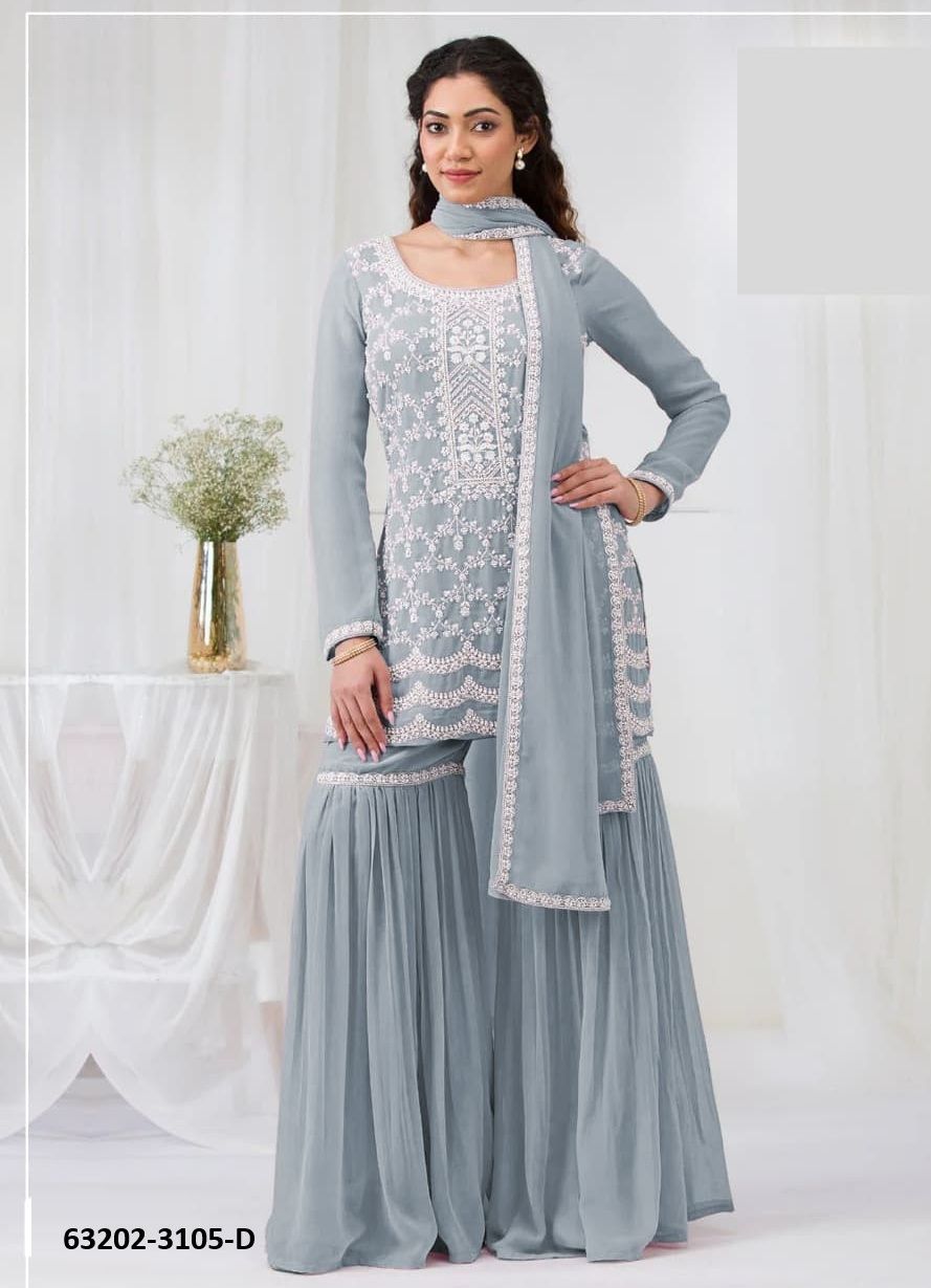 GHARARA THREAD & SEQUINS - Catalog # 63202 (Set of 4 Semi-Stitched / Un-Stitched Suits) by Amdavadi Fashion