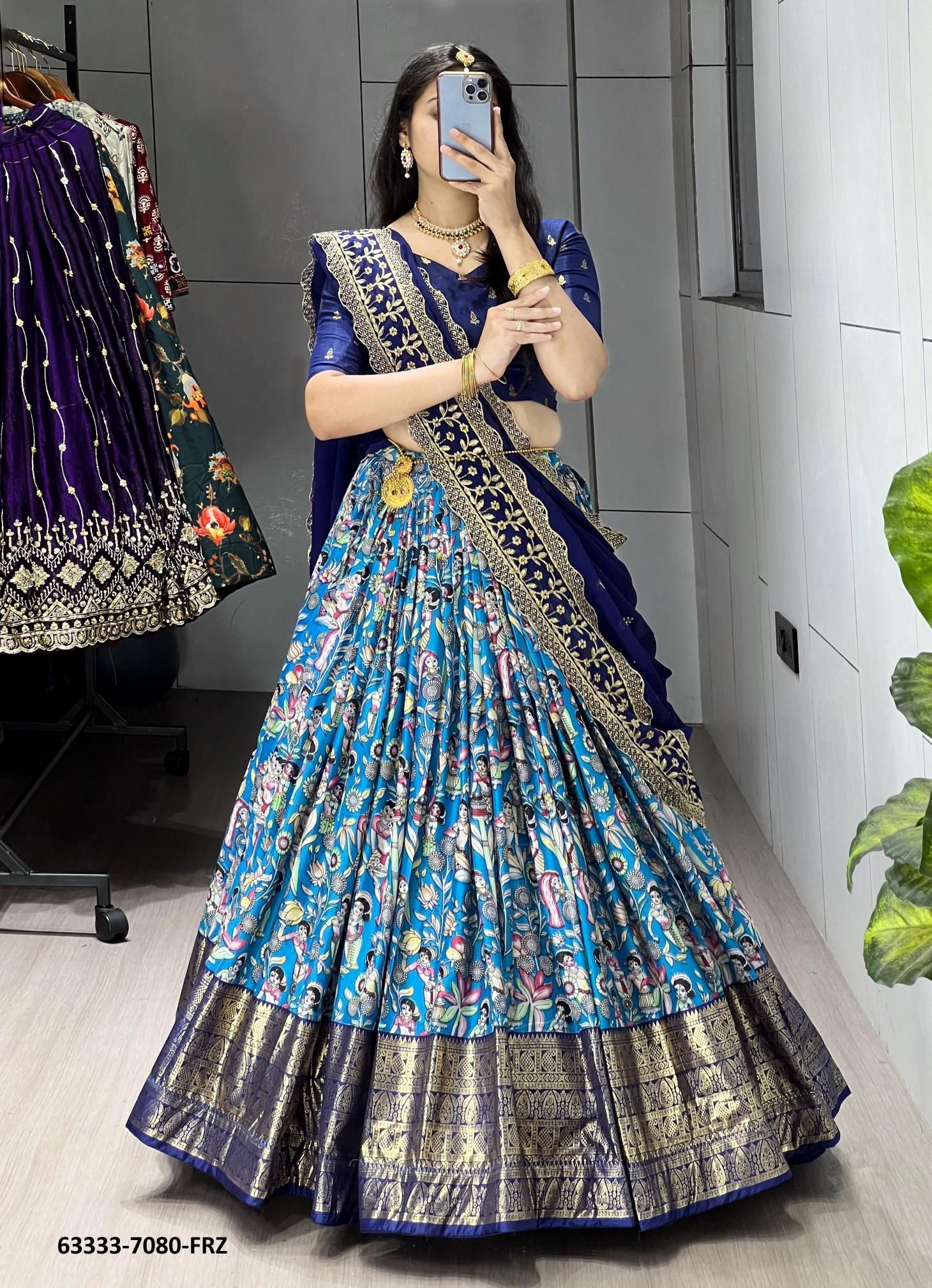 KALAMKARI SERIES 7080 - Catalog # 63333 (Set of 3 Semi-Stitched Lehengas) by Komal Pret KALAMKARI SERIES 7080 - Catalog # 63333 (Set of 3 Semi-Stitched Lehengas) by Komal Pret