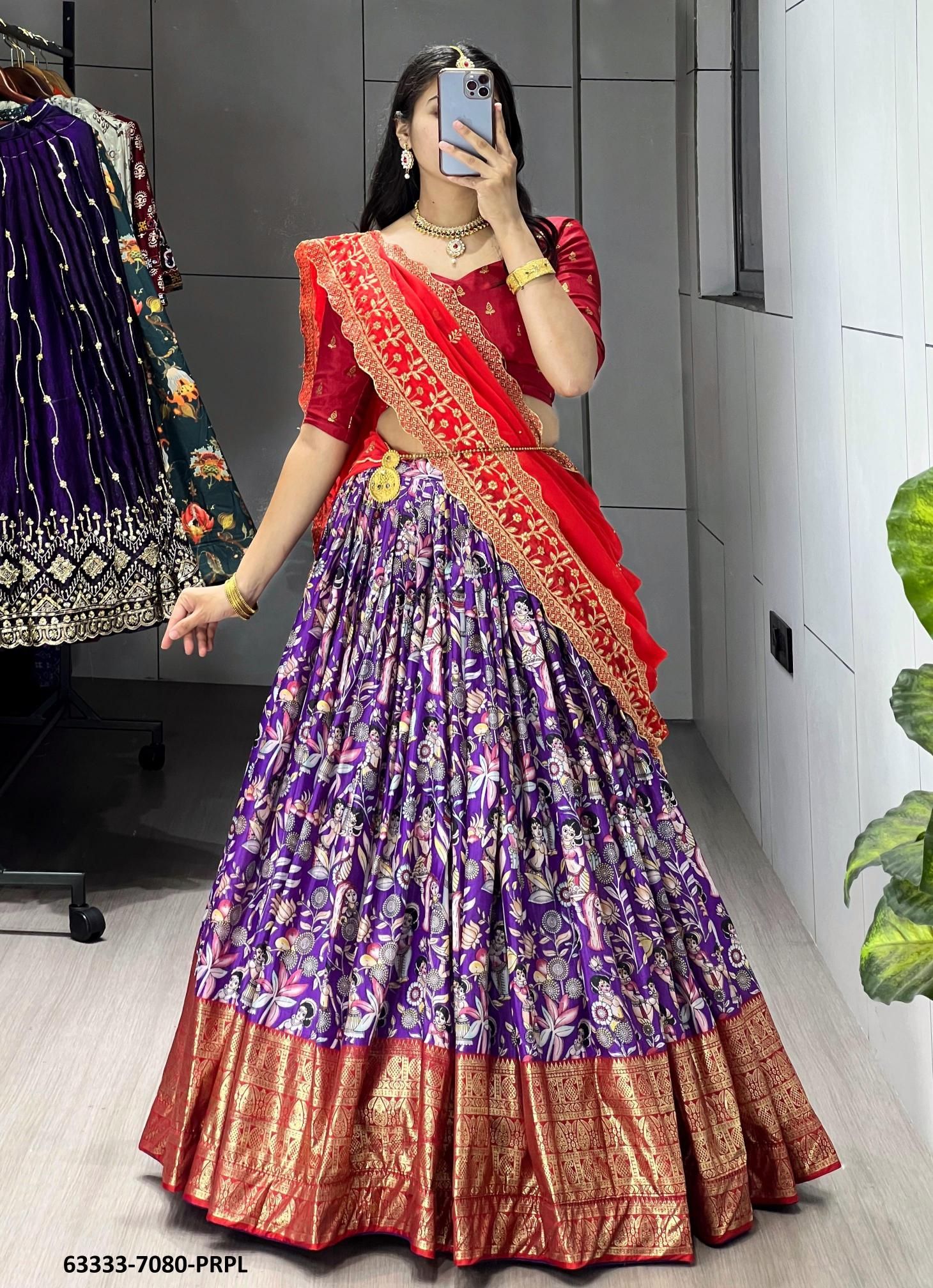 KALAMKARI SERIES 7080 - Catalog # 63333 (Set of 3 Semi-Stitched Lehengas) by Komal Pret KALAMKARI SERIES 7080 - Catalog # 63333 (Set of 3 Semi-Stitched Lehengas) by Komal Pret