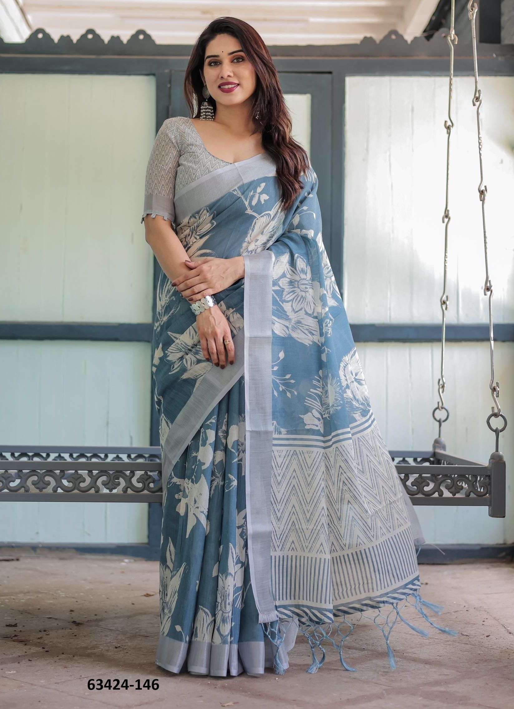 LINEN COTTON PRINTS - Catalog # 63424 (Set of 74 Sarees) by Semad Styles