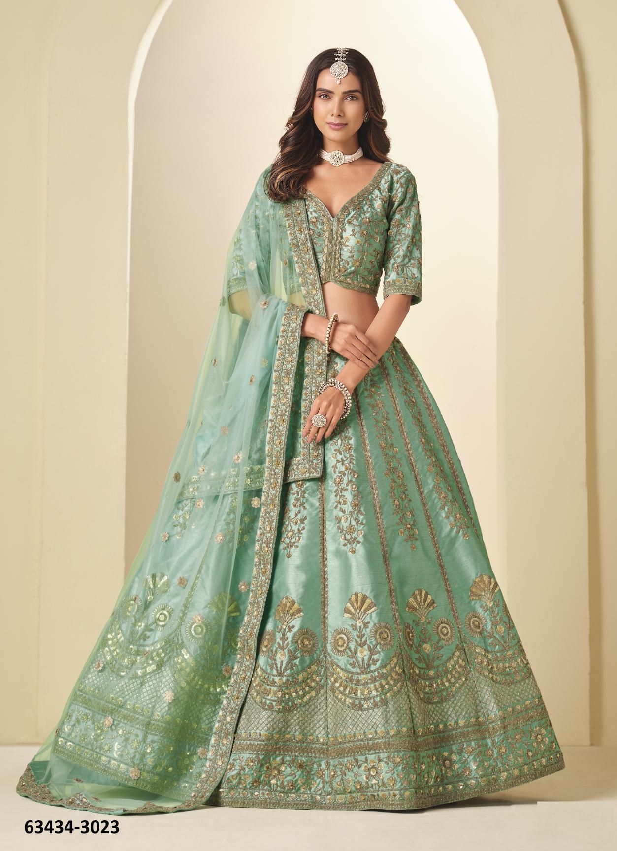 MEHVISH 32 - Catalog # 63434 (Set of 4 Semi-Stitched Lehengas) by Desi Muse