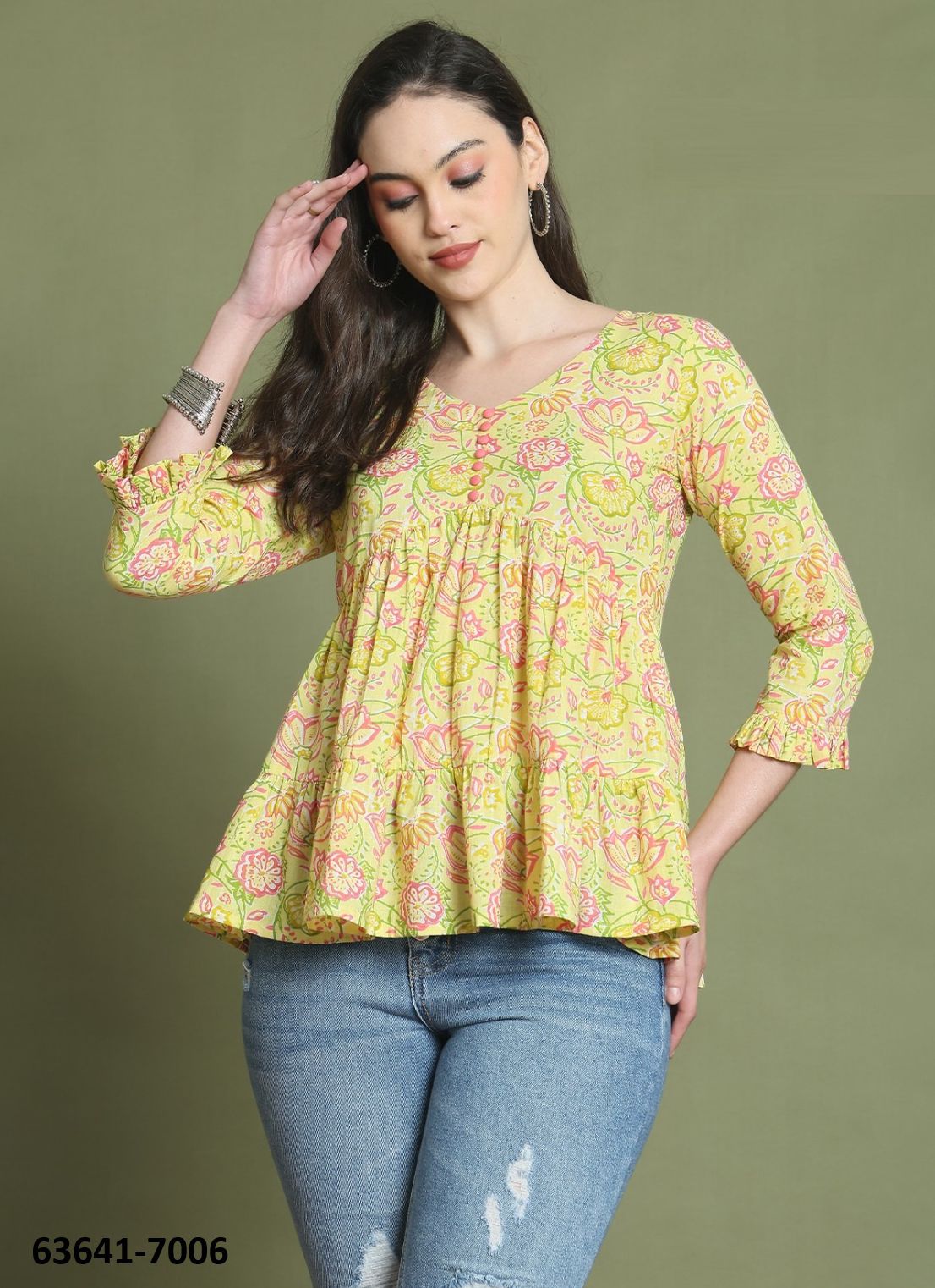 JAIPURI COTTON SHORT TUNICS - # 63641 ( 6 SIZE-SETS [Readymade Women's Kurtis / Tops] MADE IN INDIA BY Rajnandini Fabrics