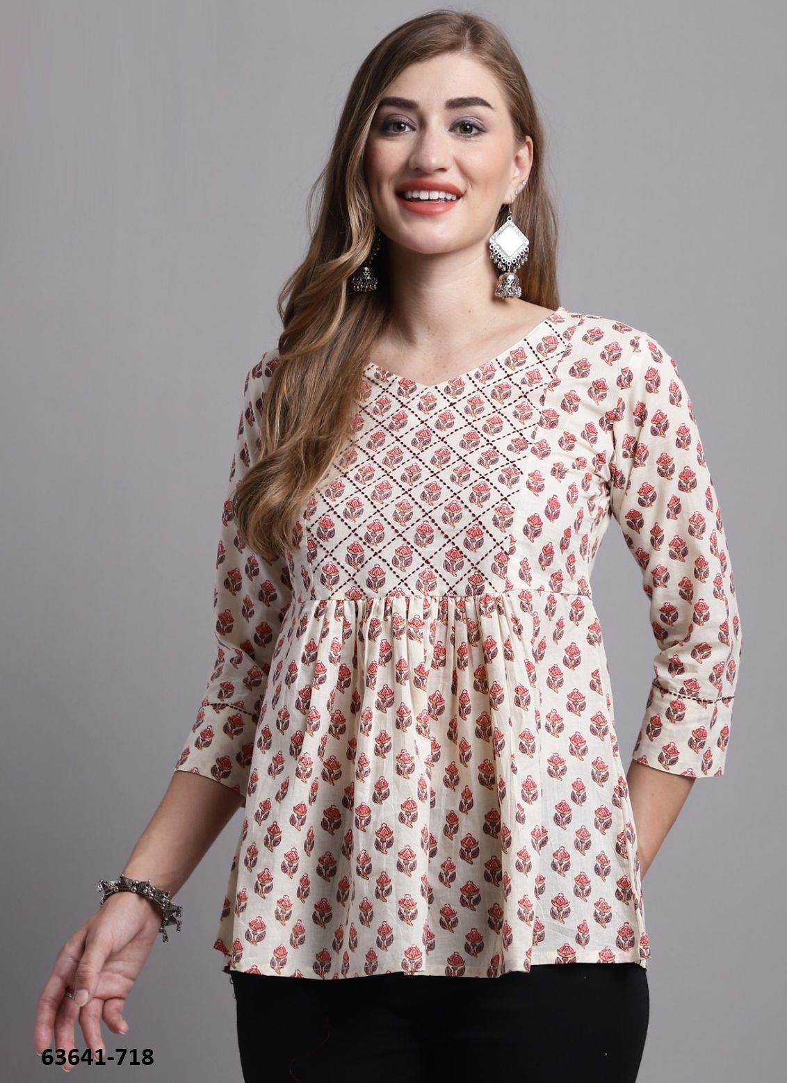 JAIPURI COTTON SHORT TUNICS - # 63641 ( 6 SIZE-SETS [Readymade Women's Kurtis / Tops] MADE IN INDIA BY Rajnandini Fabrics