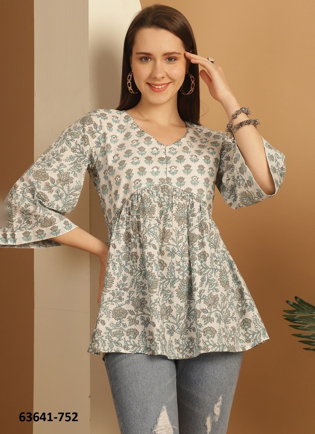 JAIPURI COTTON SHORT TUNICS - # 63641 ( 6 SIZE-SETS [Readymade Women's Kurtis / Tops] MADE IN INDIA BY Rajnandini Fabrics