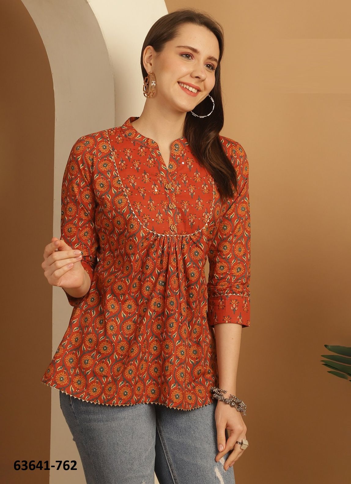 JAIPURI COTTON SHORT TUNICS - # 63641 ( 6 SIZE-SETS [Readymade Women's Kurtis / Tops] MADE IN INDIA BY Rajnandini Fabrics