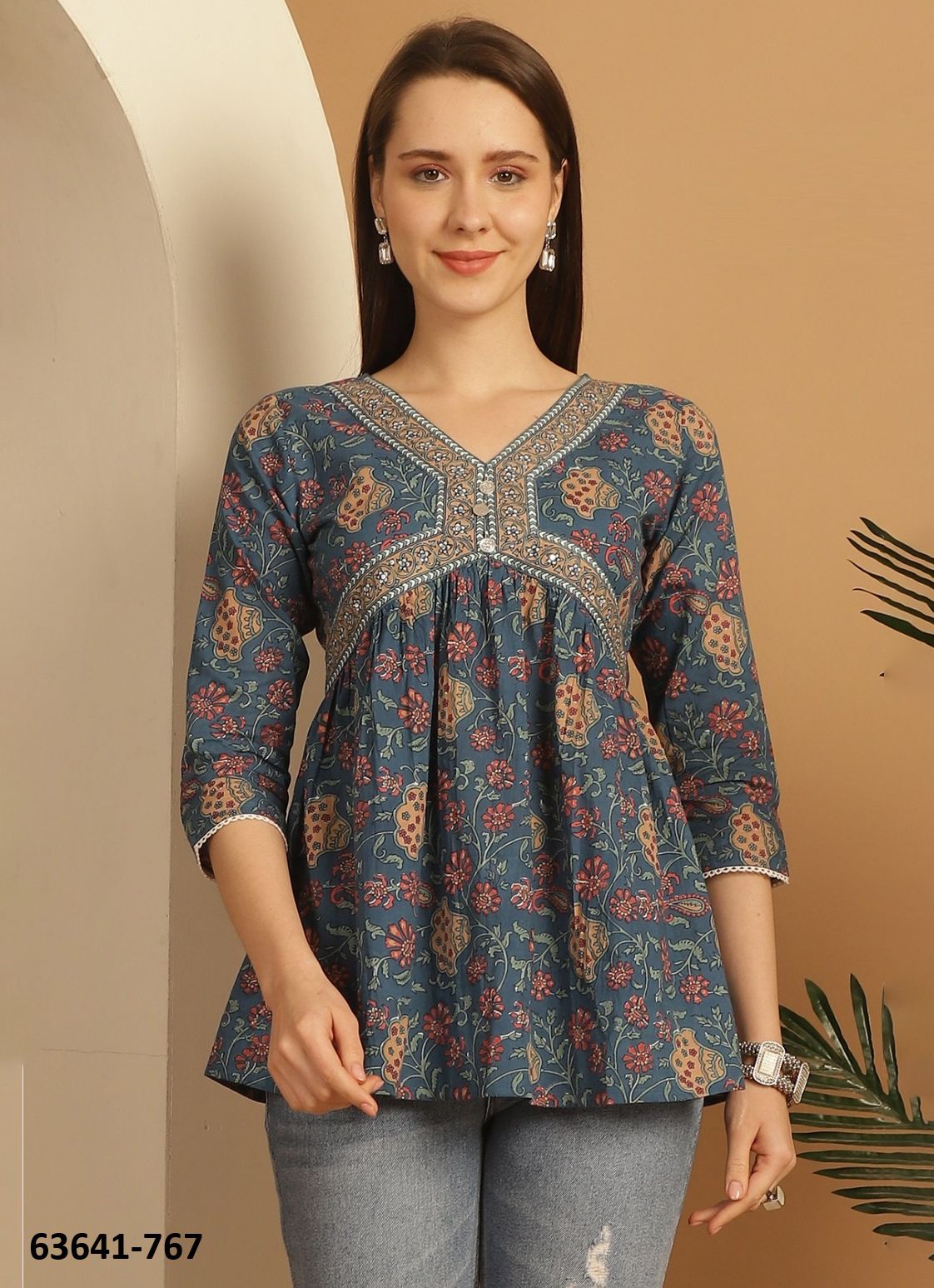 JAIPURI COTTON SHORT TUNICS - # 63641 ( 6 SIZE-SETS [Readymade Women's Kurtis / Tops] MADE IN INDIA BY Rajnandini Fabrics
