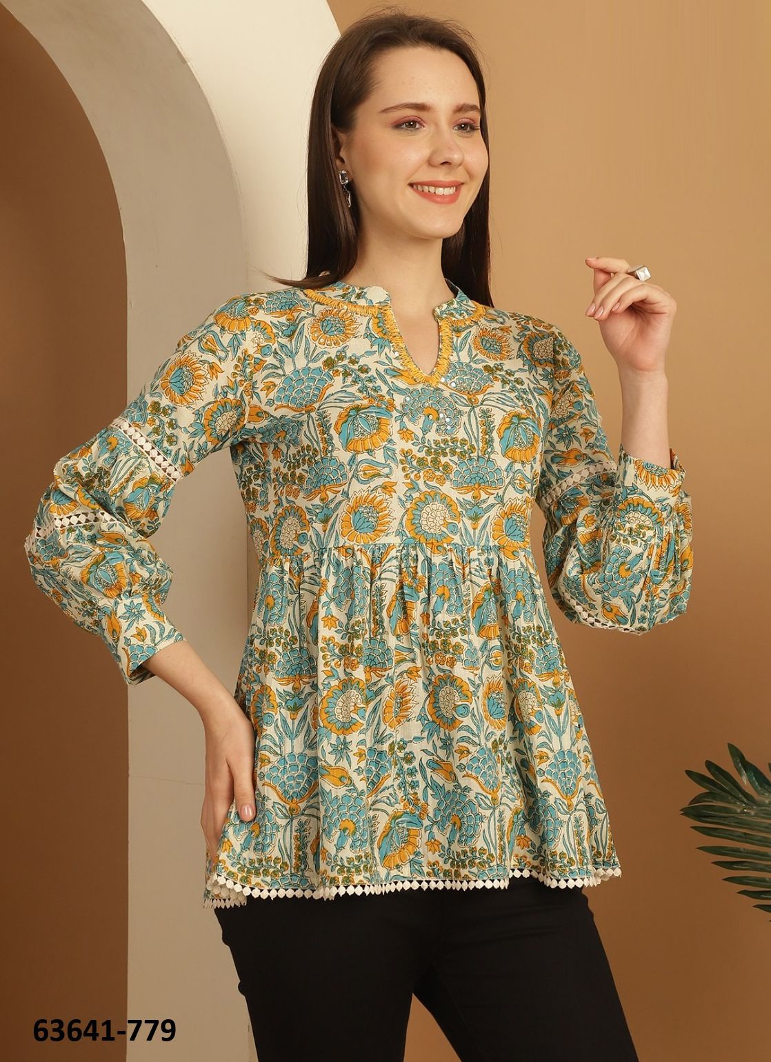 JAIPURI COTTON SHORT TUNICS - # 63641 ( 6 SIZE-SETS [Readymade Women's Kurtis / Tops] MADE IN INDIA BY Rajnandini Fabrics