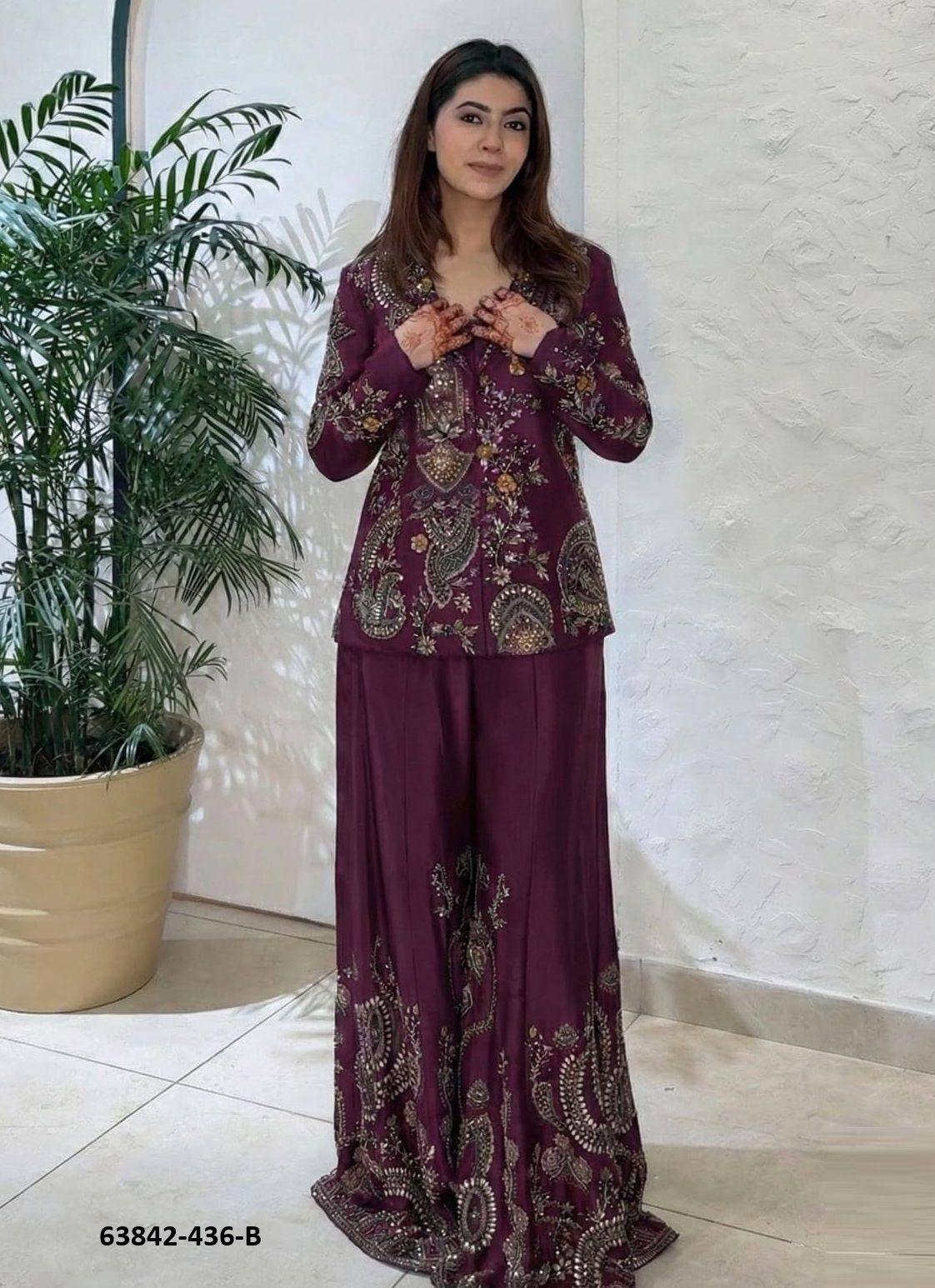 BLOUSE WITH JACKET & PALAZZO - Catalog # 63842 (Set of 4 Indo-Western Outfits) by Amdavadi Fashion