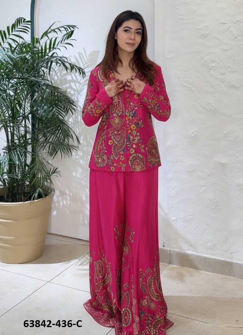 BLOUSE WITH JACKET & PALAZZO - Catalog # 63842 (Set of 4 Indo-Western Outfits) by Amdavadi Fashion