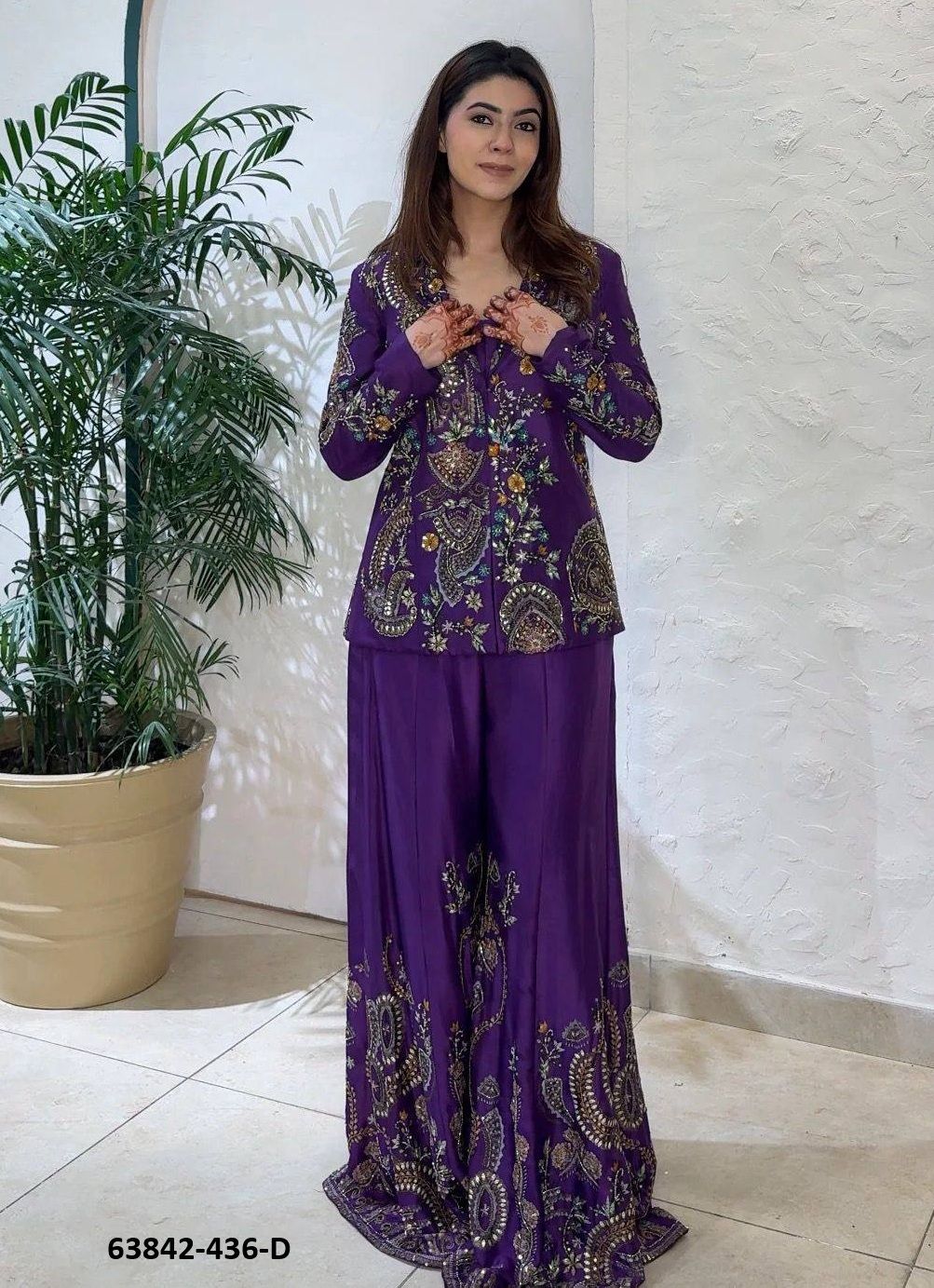 BLOUSE WITH JACKET & PALAZZO - Catalog # 63842 (Set of 4 Indo-Western Outfits) by Amdavadi Fashion
