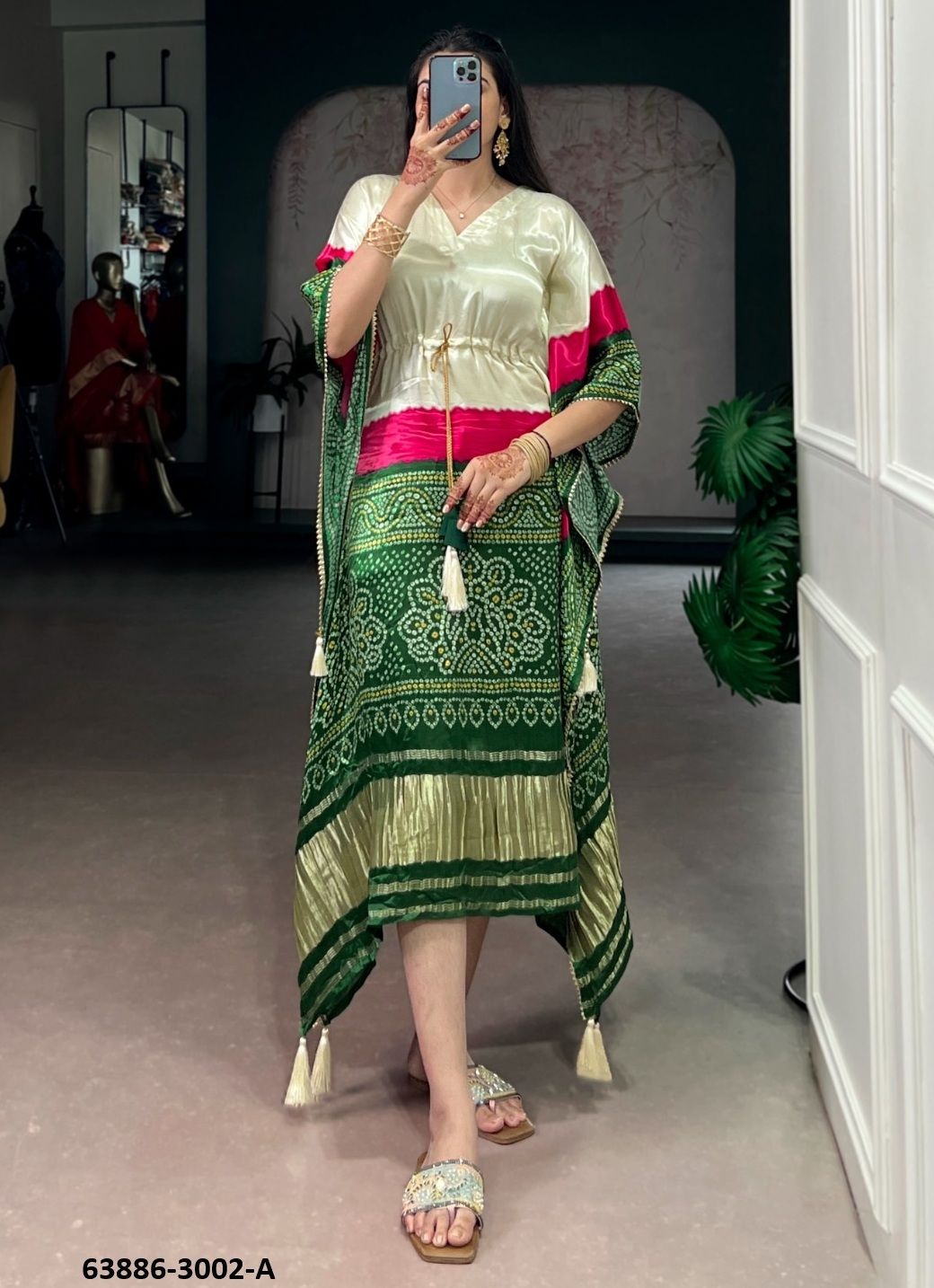 PURE GAJJI SILK BANDHANI - Catalog # 63886 (Set of 10 Kaftans / Ponchos) by Desi Muse PURE GAJJI SILK BANDHANI - Catalog # 63886 (Set of 10 Kaftans / Ponchos) by Desi Muse