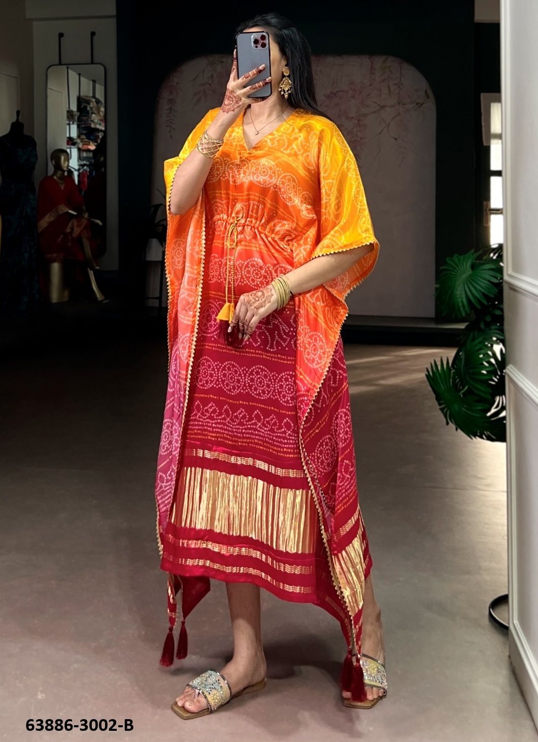 PURE GAJJI SILK BANDHANI - Catalog # 63886 (Set of 10 Kaftans / Ponchos) by Desi Muse PURE GAJJI SILK BANDHANI - Catalog # 63886 (Set of 10 Kaftans / Ponchos) by Desi Muse