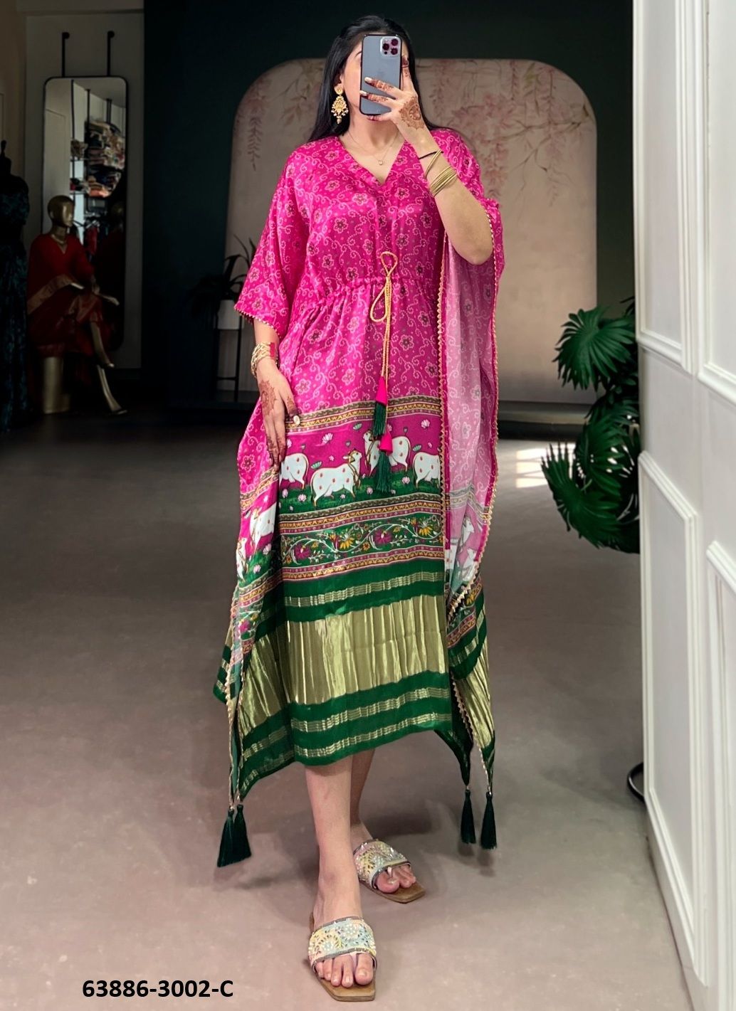 PURE GAJJI SILK BANDHANI - Catalog # 63886 (Set of 10 Kaftans / Ponchos) by Desi Muse PURE GAJJI SILK BANDHANI - Catalog # 63886 (Set of 10 Kaftans / Ponchos) by Desi Muse