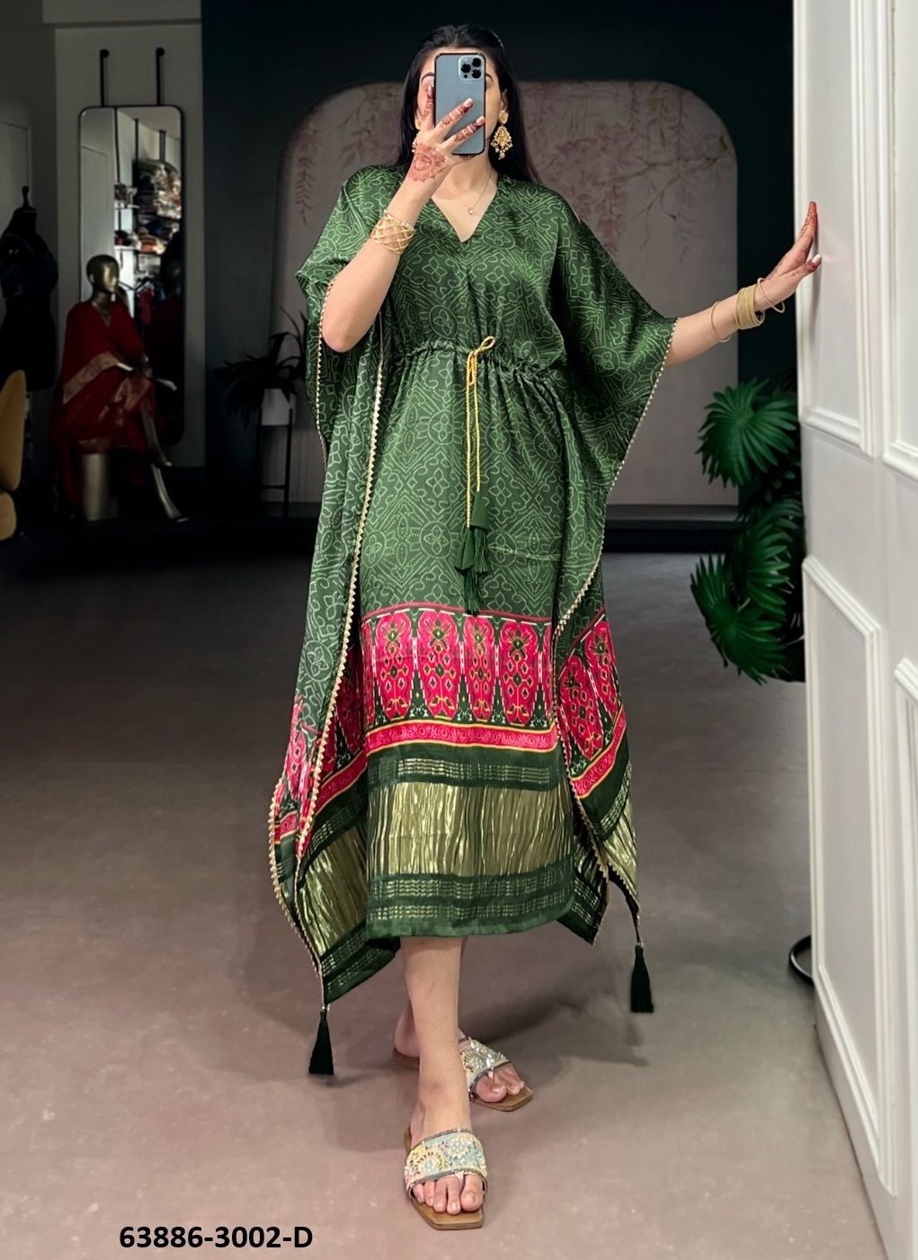 PURE GAJJI SILK BANDHANI - Catalog # 63886 (Set of 10 Kaftans / Ponchos) by Desi Muse PURE GAJJI SILK BANDHANI - Catalog # 63886 (Set of 10 Kaftans / Ponchos) by Desi Muse