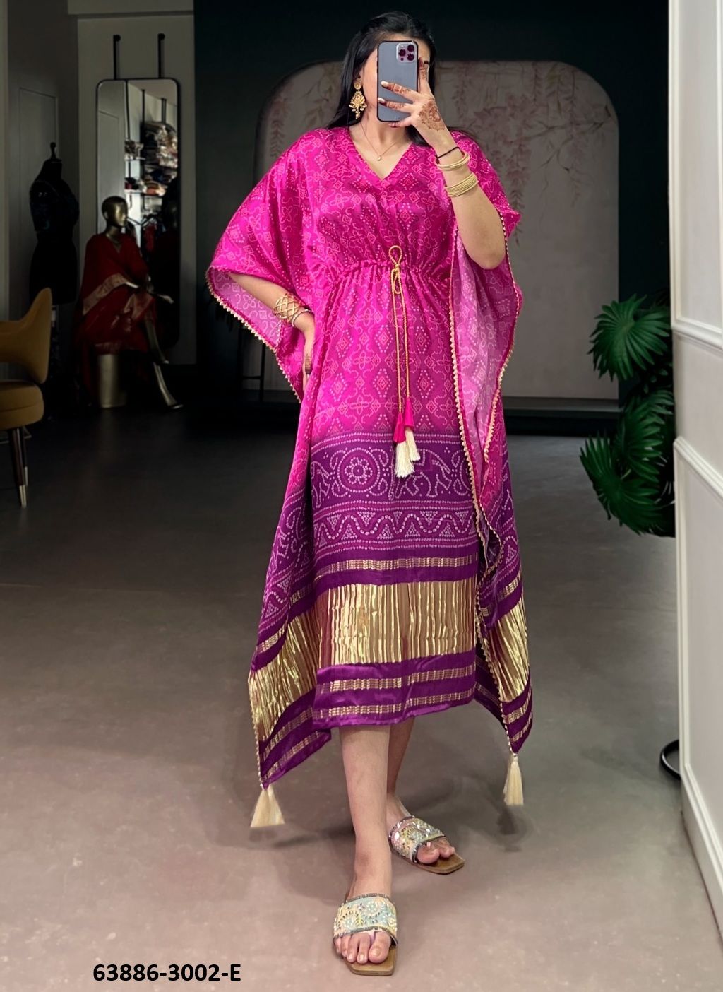 PURE GAJJI SILK BANDHANI - Catalog # 63886 (Set of 10 Kaftans / Ponchos) by Desi Muse PURE GAJJI SILK BANDHANI - Catalog # 63886 (Set of 10 Kaftans / Ponchos) by Desi Muse