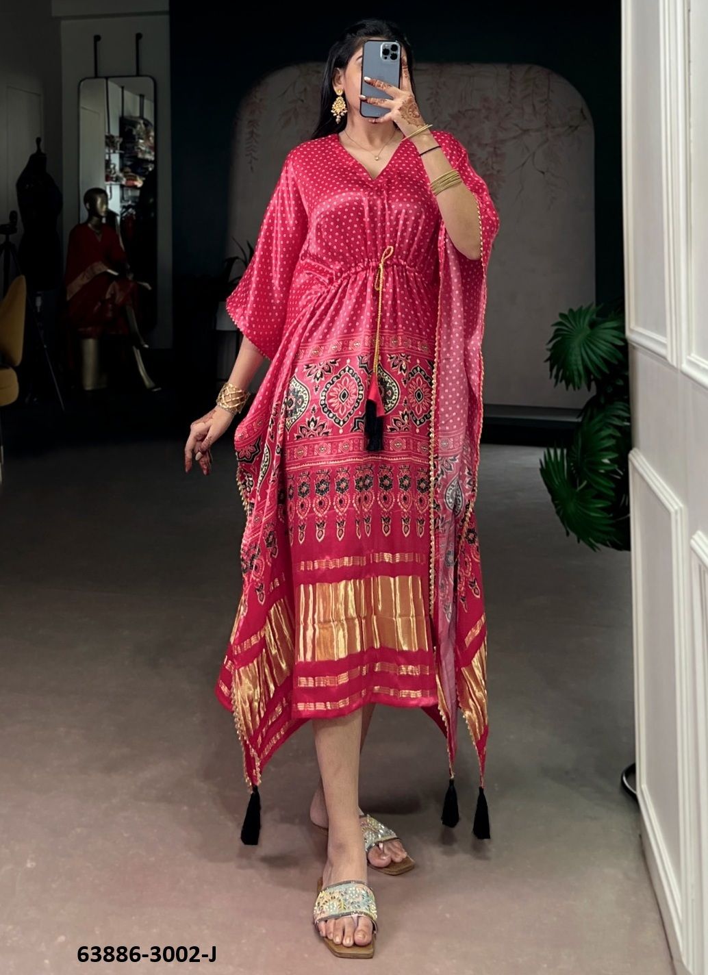 PURE GAJJI SILK BANDHANI - Catalog # 63886 (Set of 10 Kaftans / Ponchos) by Desi Muse PURE GAJJI SILK BANDHANI - Catalog # 63886 (Set of 10 Kaftans / Ponchos) by Desi Muse