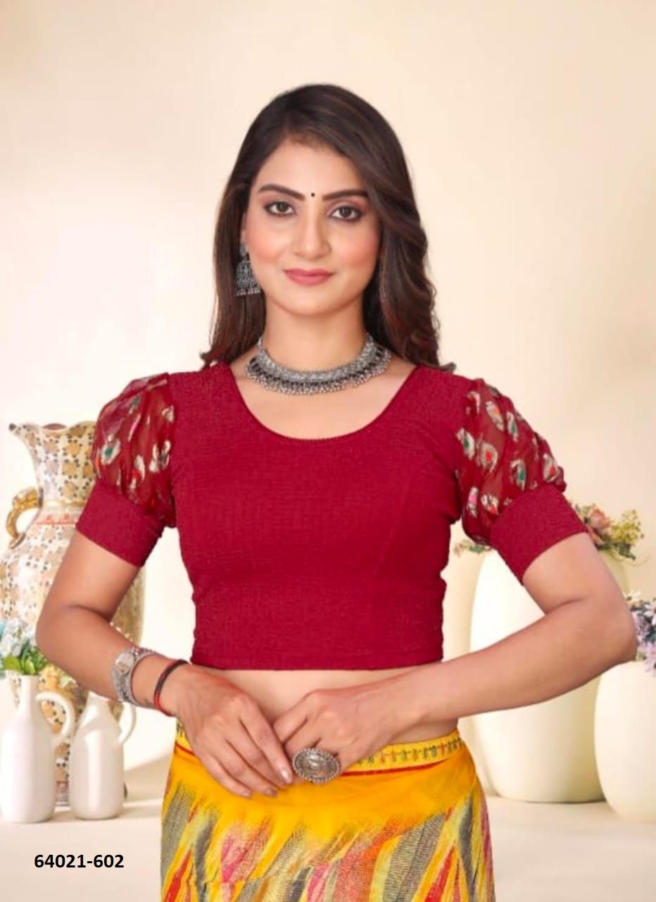 BALLOON SLEEVES STRECHABLE BLOUSE - Catalog # 64021 (Set of 8 Ready-to-Wear Blouses) by Amdavadi Fashion