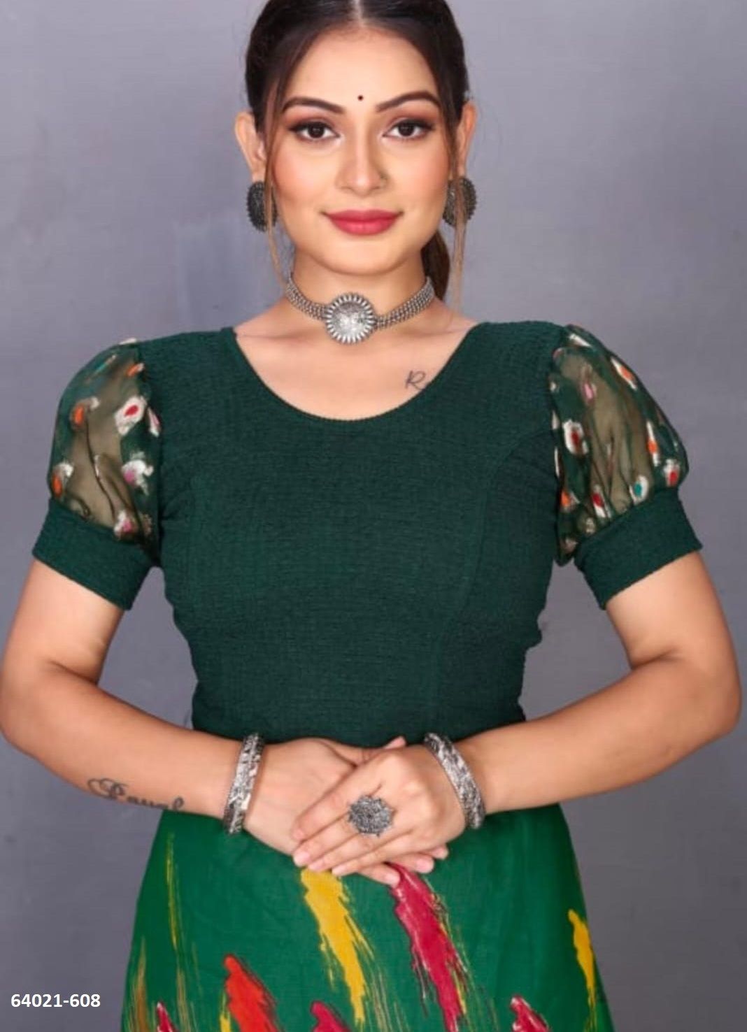 BALLOON SLEEVES STRECHABLE BLOUSE - Catalog # 64021 (Set of 8 Ready-to-Wear Blouses) by Amdavadi Fashion