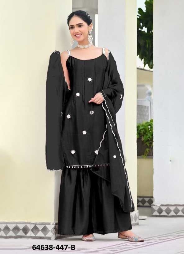 SLEEVELESS SPAGHETTI SUIT SET - Catalog # 64638 (Set of 4 SIZE-SETS [Readymade Salwar Suits])