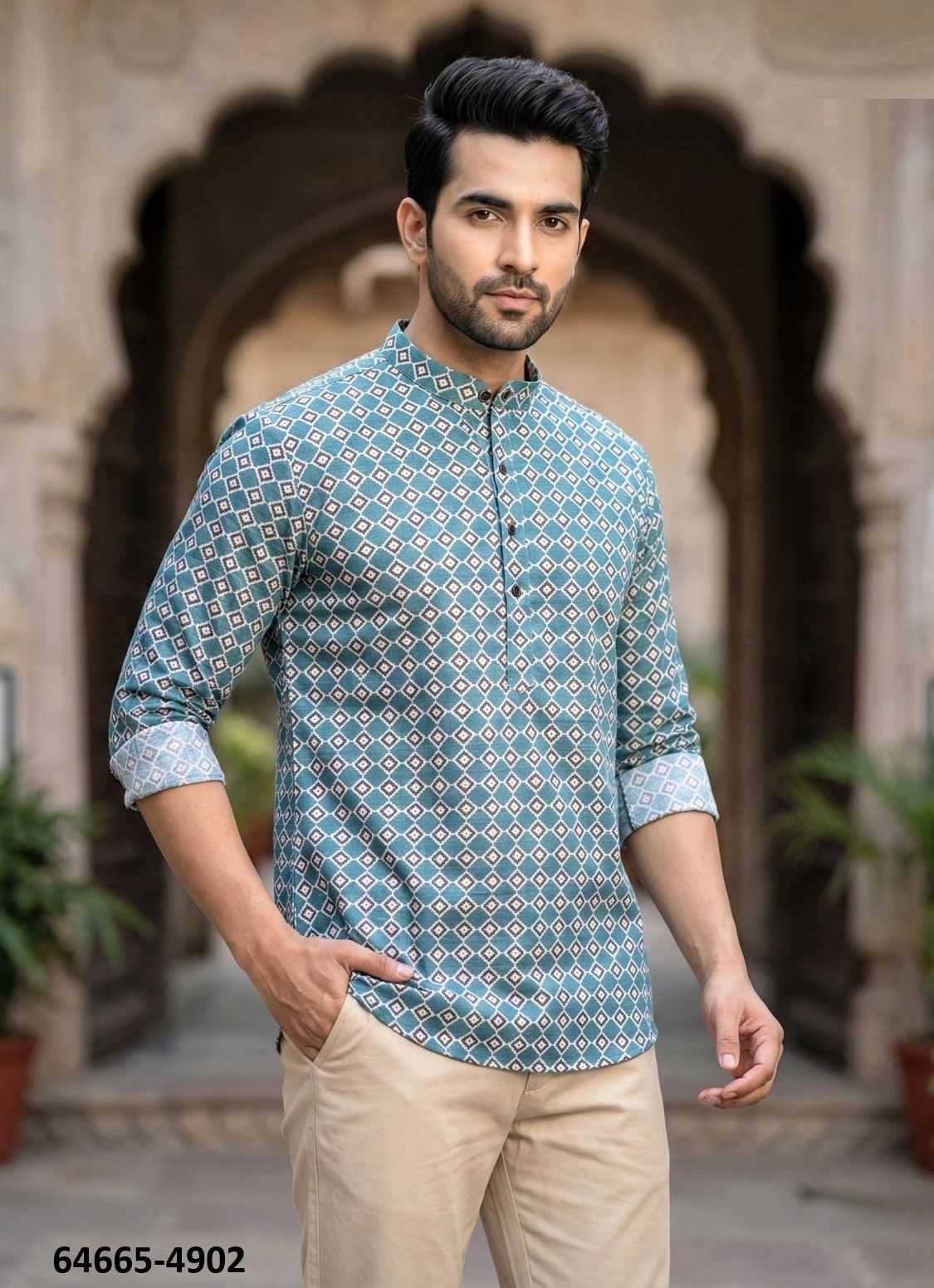 SHORT COTTON PRINTED KURTA - Catalog # 64665 (Set of 7 Men's Ethnic Wear)
