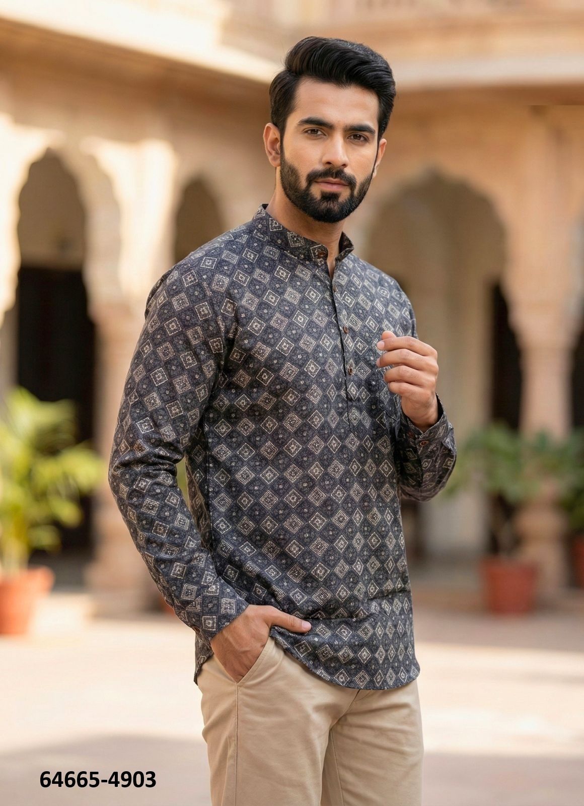 SHORT COTTON PRINTED KURTA - Catalog # 64665 (Set of 7 Men's Ethnic Wear)