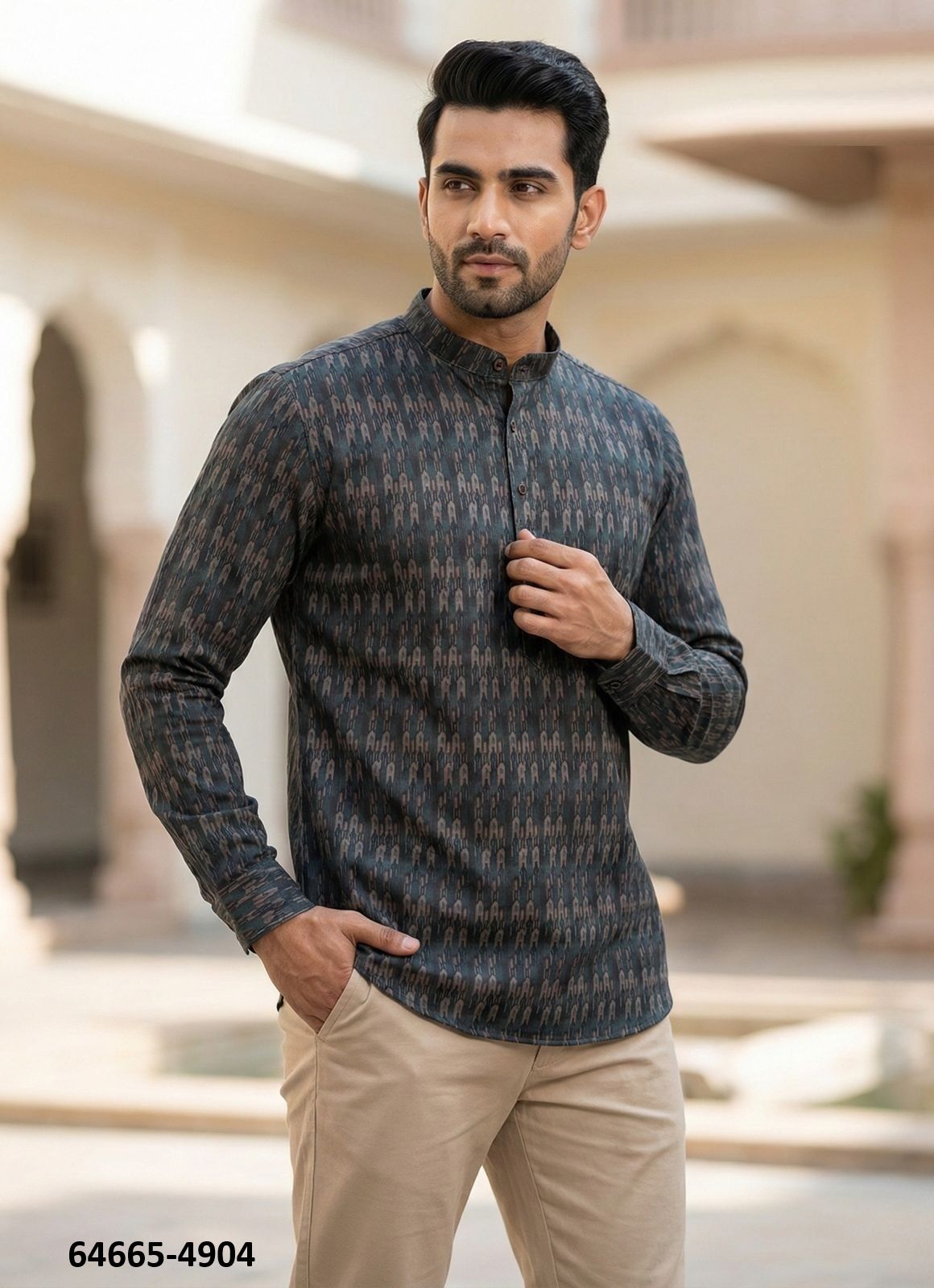 SHORT COTTON PRINTED KURTA - Catalog # 64665 (Set of 7 Men's Ethnic Wear)