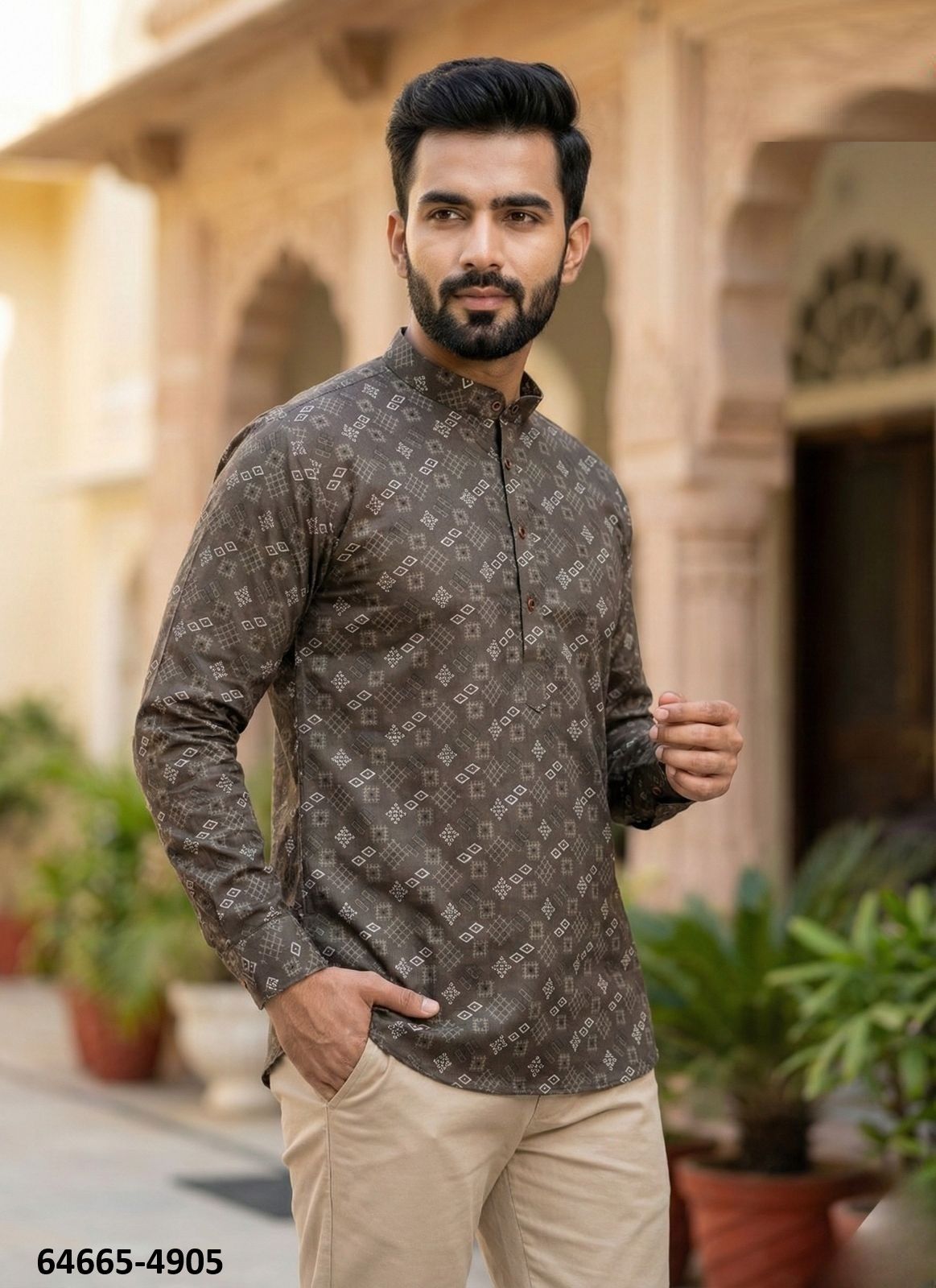 SHORT COTTON PRINTED KURTA - Catalog # 64665 (Set of 7 Men's Ethnic Wear)