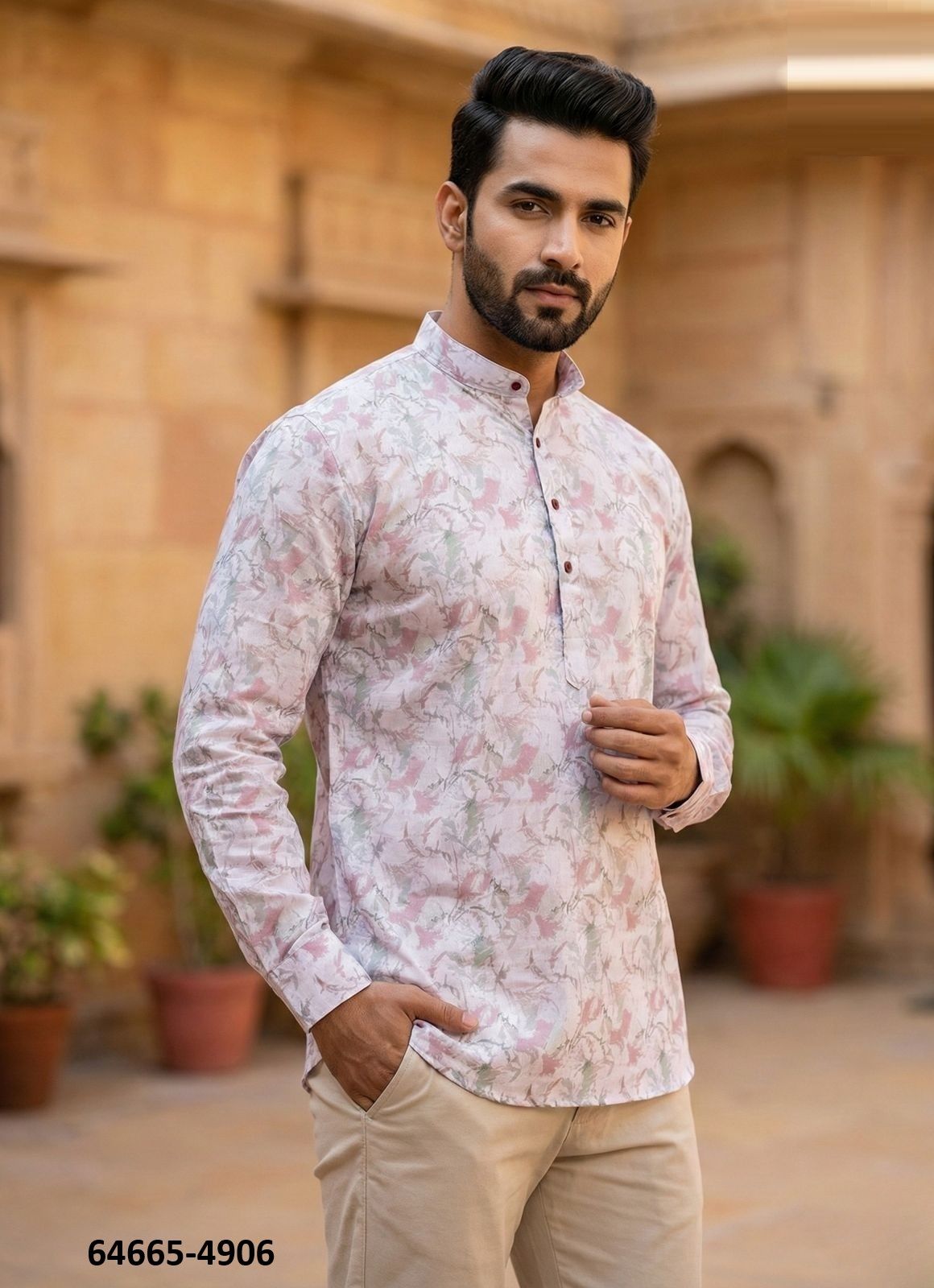 SHORT COTTON PRINTED KURTA - Catalog # 64665 (Set of 7 Men's Ethnic Wear)