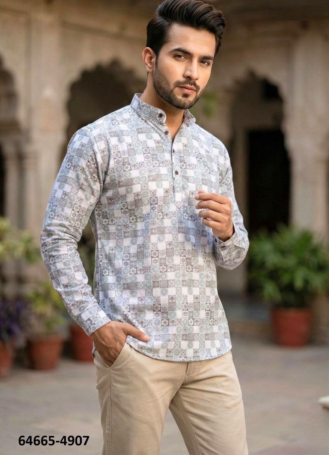 SHORT COTTON PRINTED KURTA - Catalog # 64665 (Set of 7 Men's Ethnic Wear)