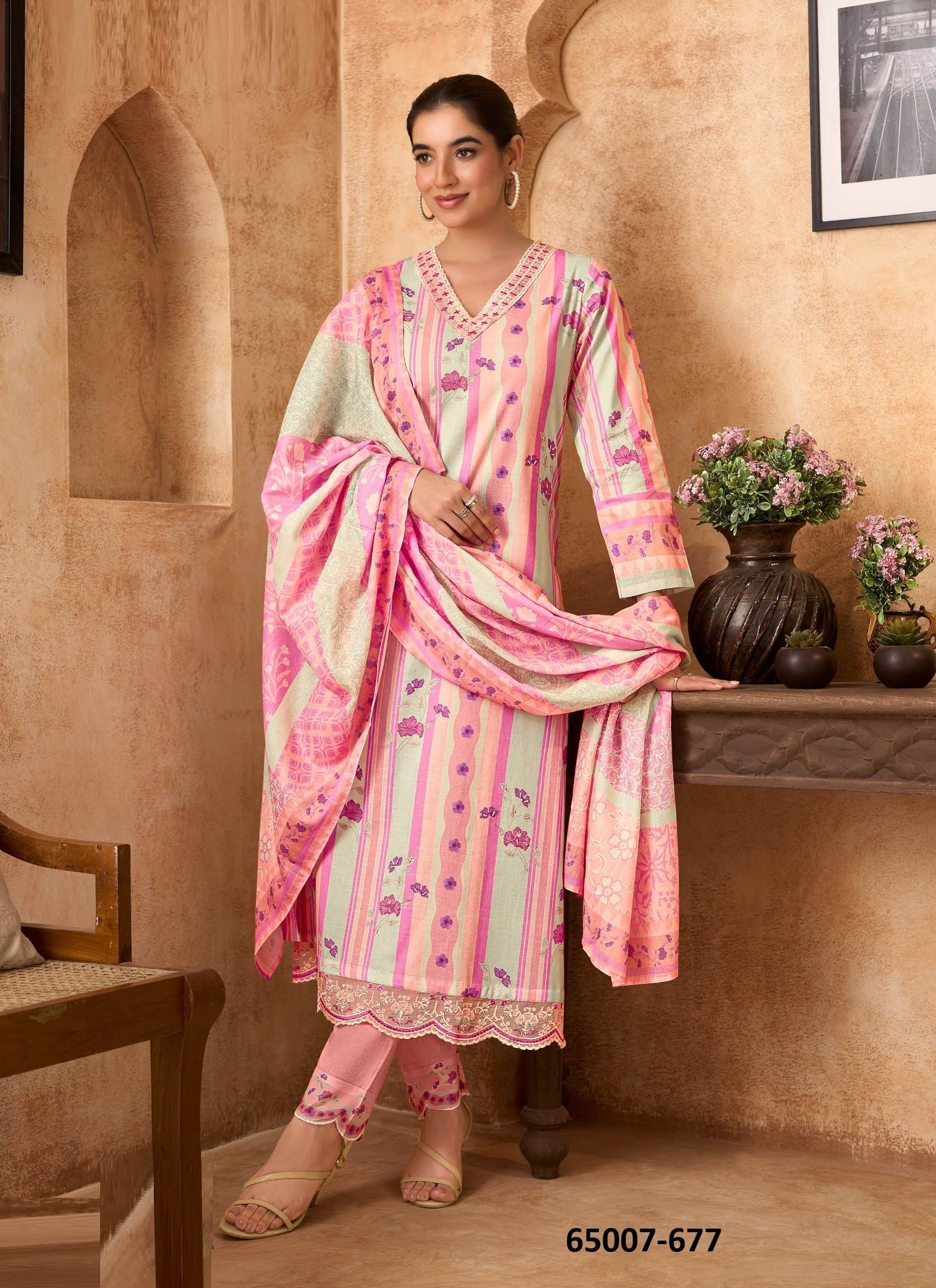 FLOW TALES - Catalog # 65007 (Set of 6 Semi-Stitched / Un-Stitched Suits)