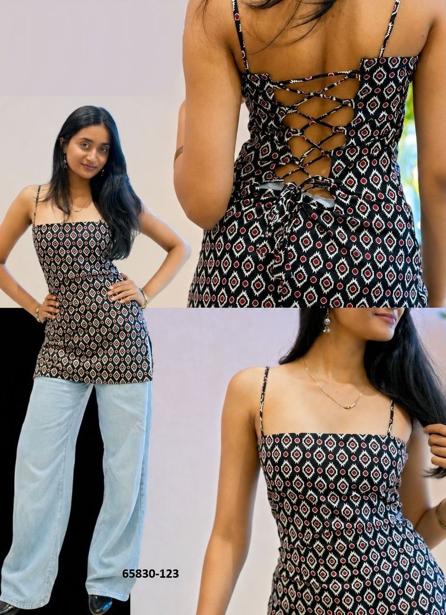 SLEEVELESS SPAGHETTI JAIPURI PRINTS - Catalog # 65830 (Set of 8 Readymade Women's Kurtis / Tops) SLEEVELESS SPAGHETTI JAIPURI PRINTS - Catalog # 65830 (Set of 8 Readymade Women's Kurtis / Tops)
