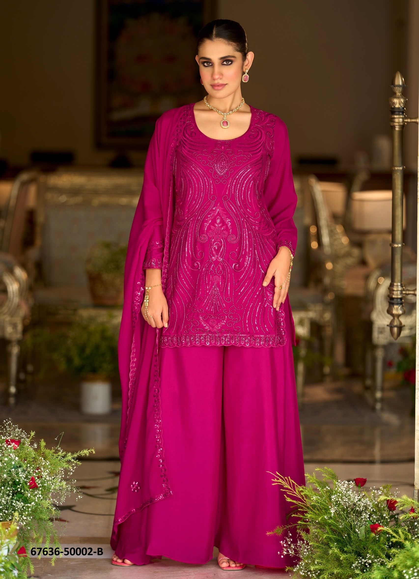 PINK AND RED - Catalog # 67636 (Set of 4 SIZE-SETS [Readymade Salwar Suits])