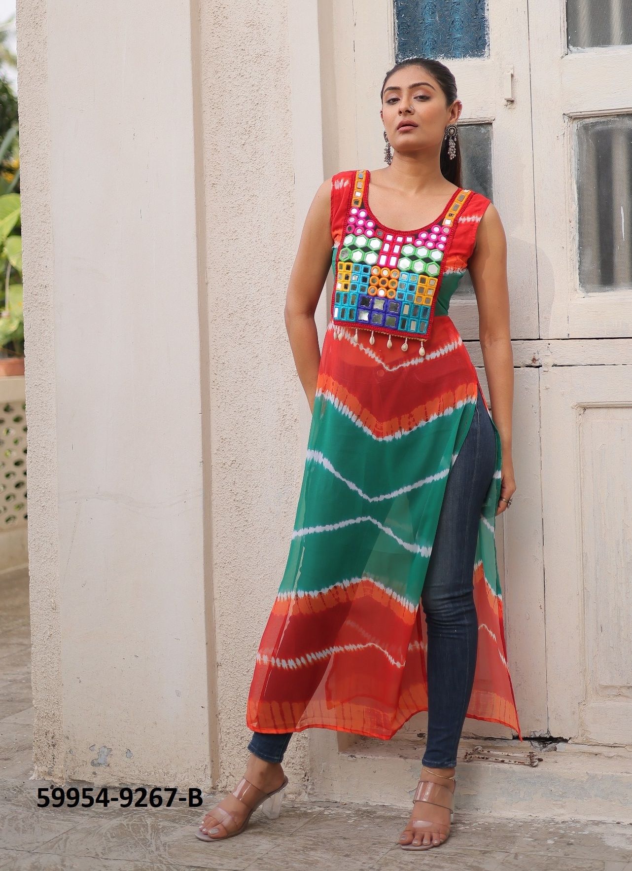 NAVRATRI WEAR 9267 - Catalog # 59954 (Set of 3 Readymade Women's Kurtis / Tops) by Brand AABHARAN