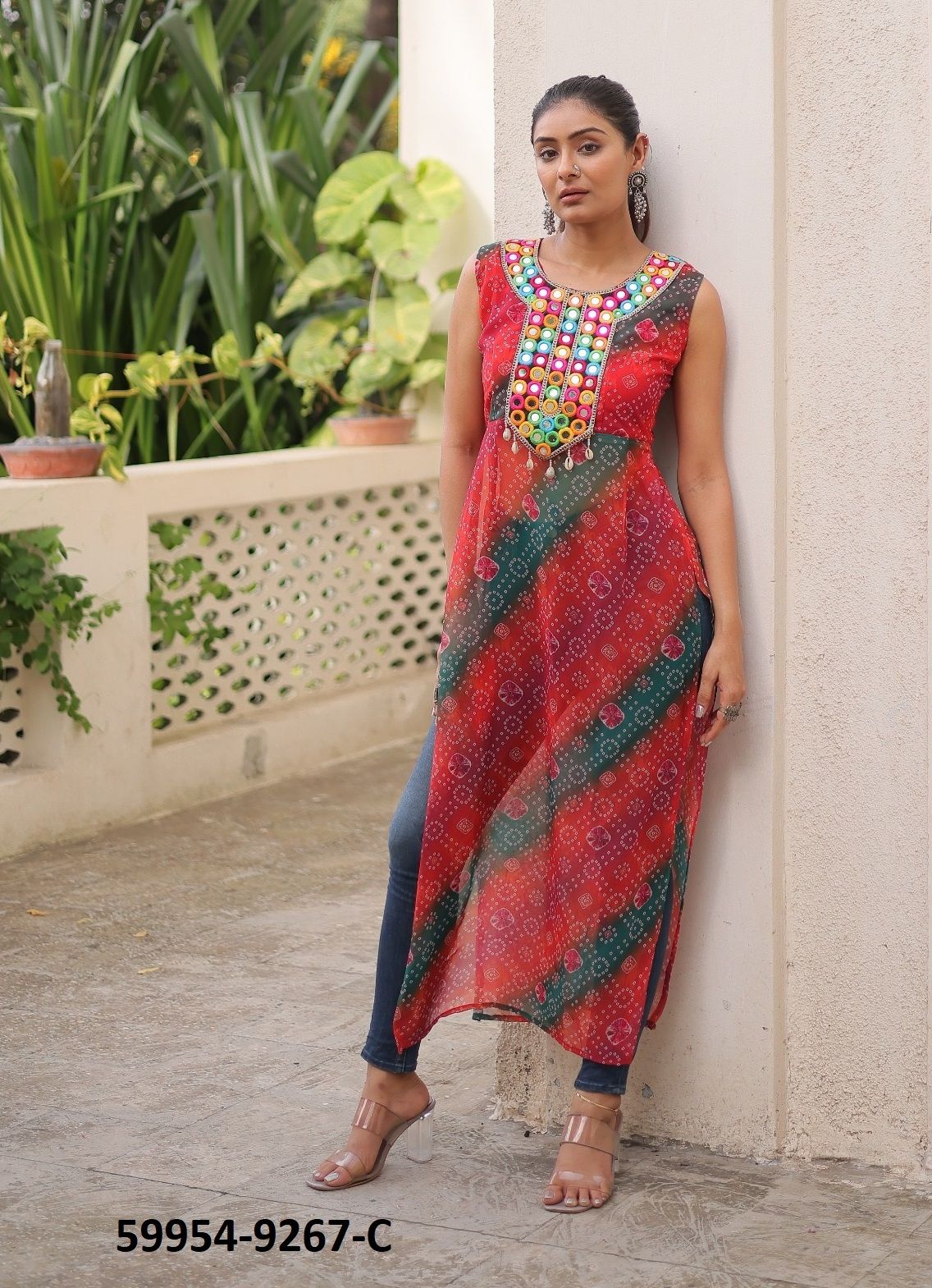 NAVRATRI WEAR 9267 - Catalog # 59954 (Set of 3 Readymade Women's Kurtis / Tops) by Brand AABHARAN