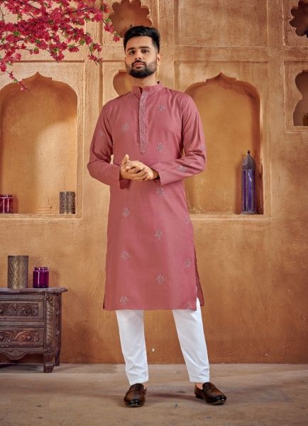 Dusty Pink Cotton Embroidery & Sequins Work Readymade Kurta With Pyjama