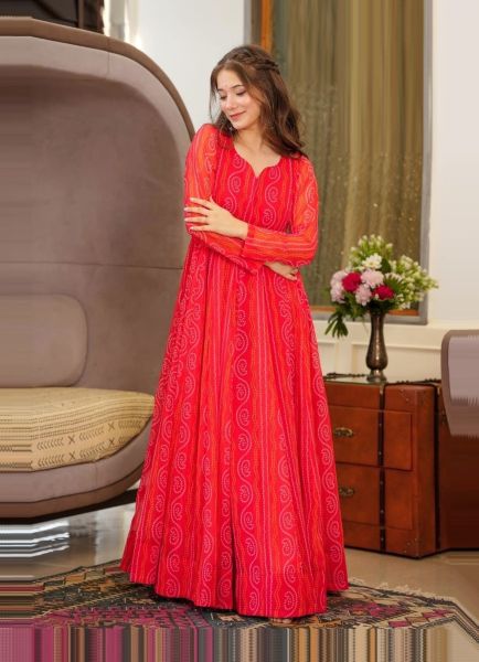 Coral Red Georgette Digitally Printed Resort-Wear Floor-Length Readymade Gown