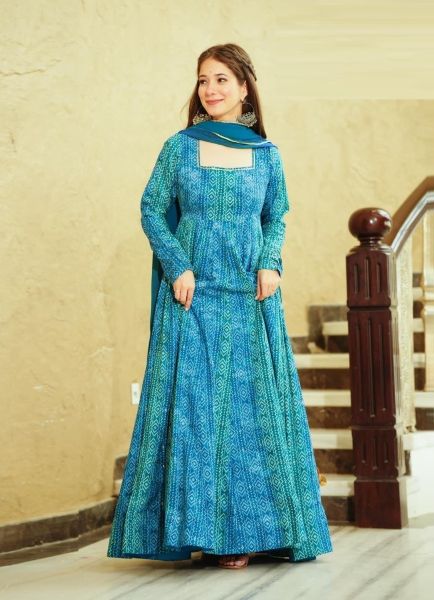 Aqua Blue Georgette Digitally Printed Resort-Wear Floor-Length Readymade Gown With Dupatta