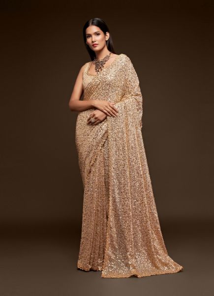 Gold Georgette With Sequins Work Saree